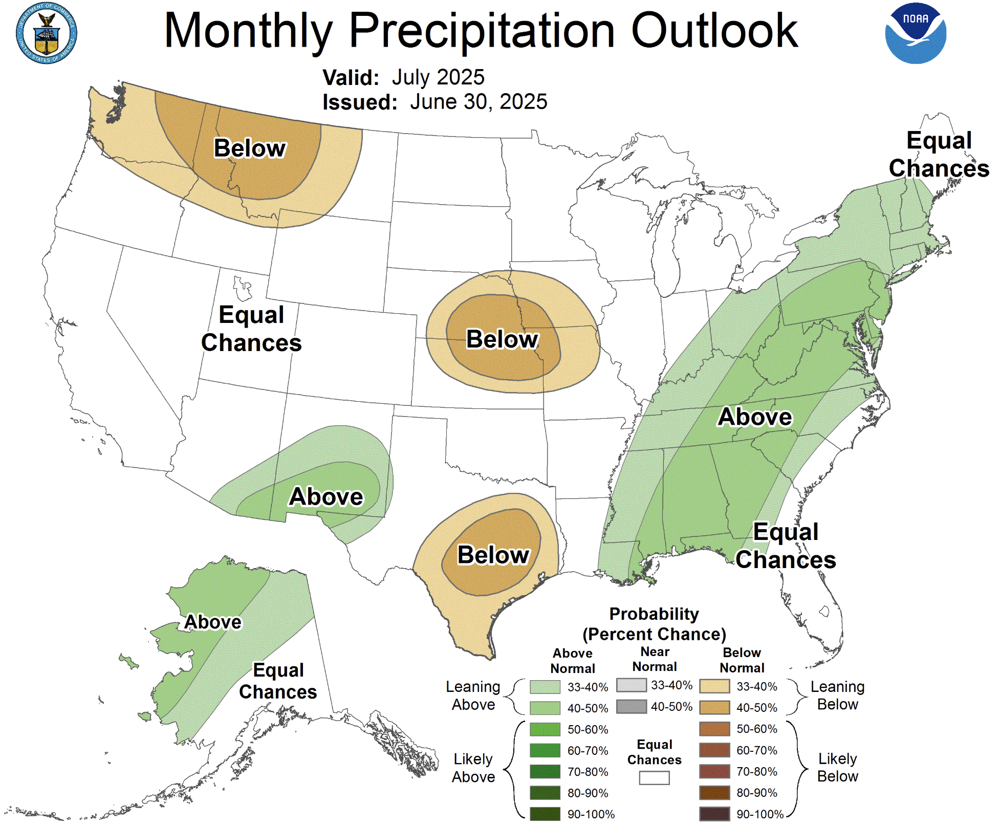 US map showing July 2025 precipitation outlook with areas in green indicating above normal rain in Southeast, Alaska, Arizona; brown areas in Northern Plains and Texas indicating below normal rain; rest mostly equal chances.