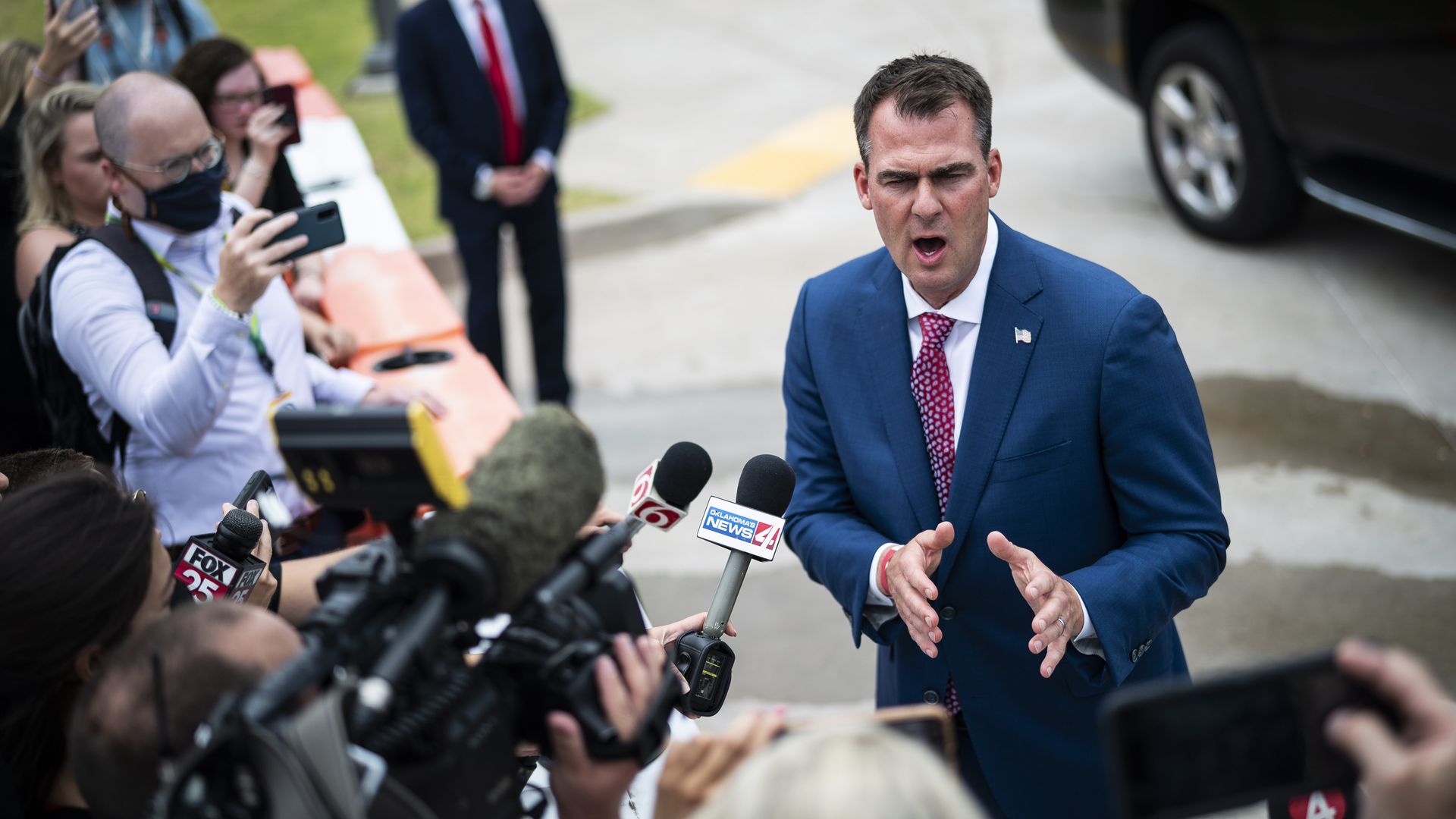 Oklahoma Gov. Kevin Stitt speaking to reporters in Tulsa in September 2020.