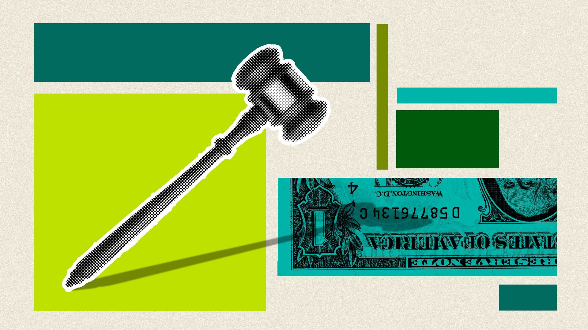 Photo collage of a gavel and a dollar bill.