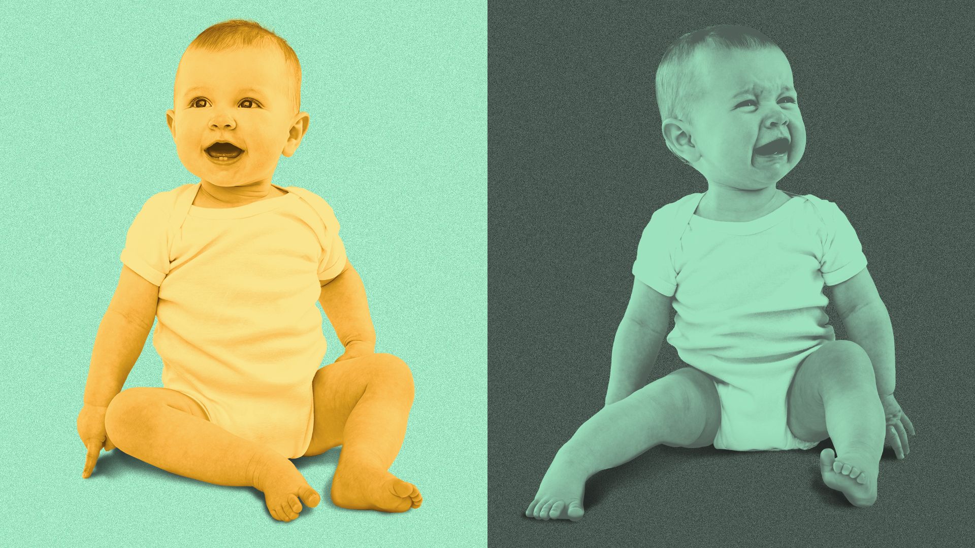 Illustration of a splitscreen of two babies, one looking happy and the other crying