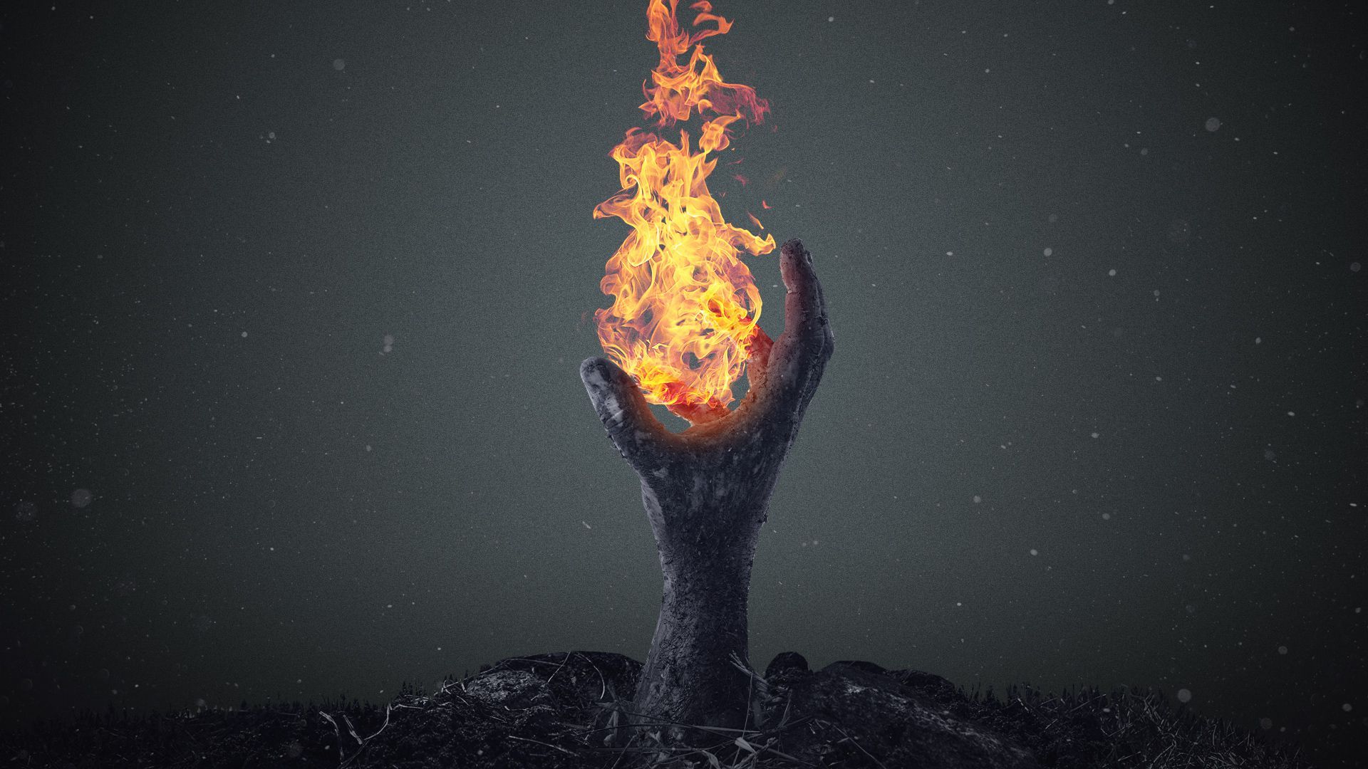 Illustration of a zombie hand coming up from the ground wielding fire. 