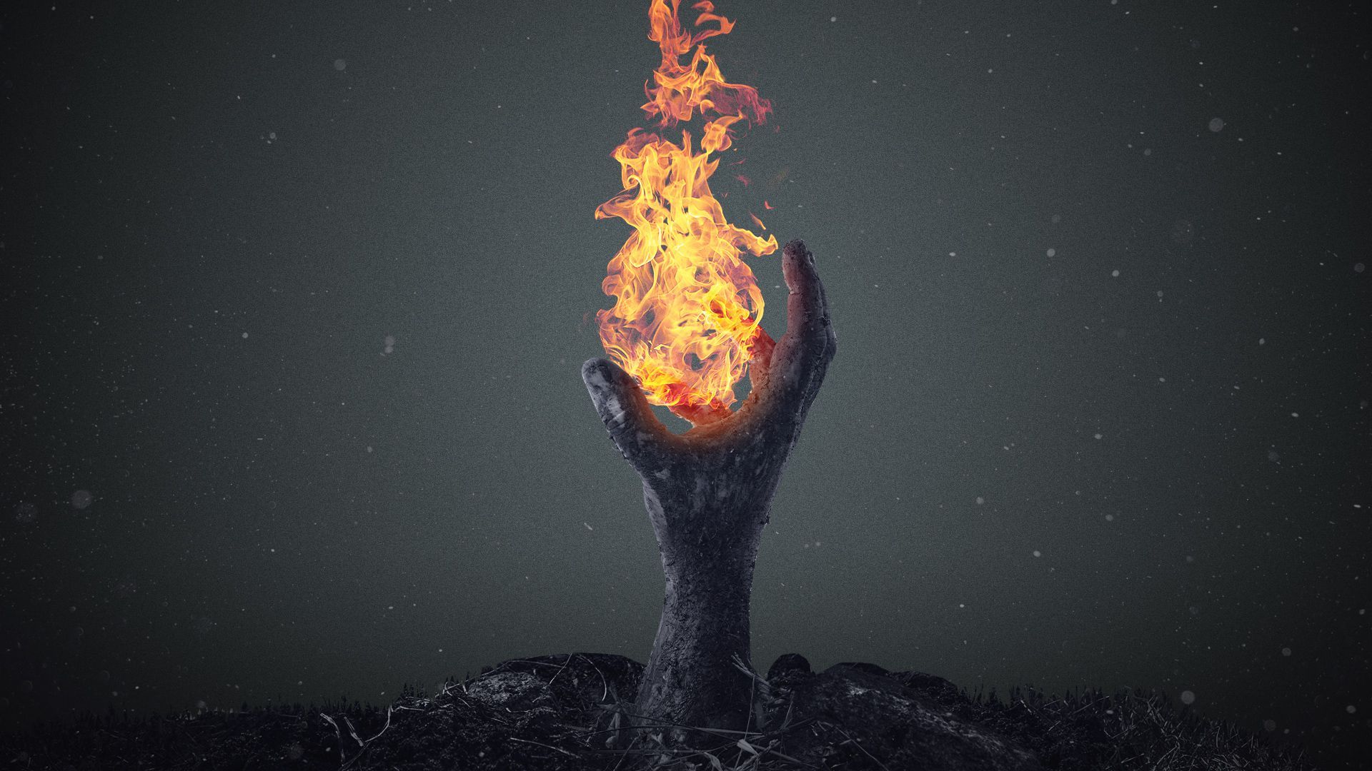 Illustration of a zombie hand coming up from the ground wielding fire.