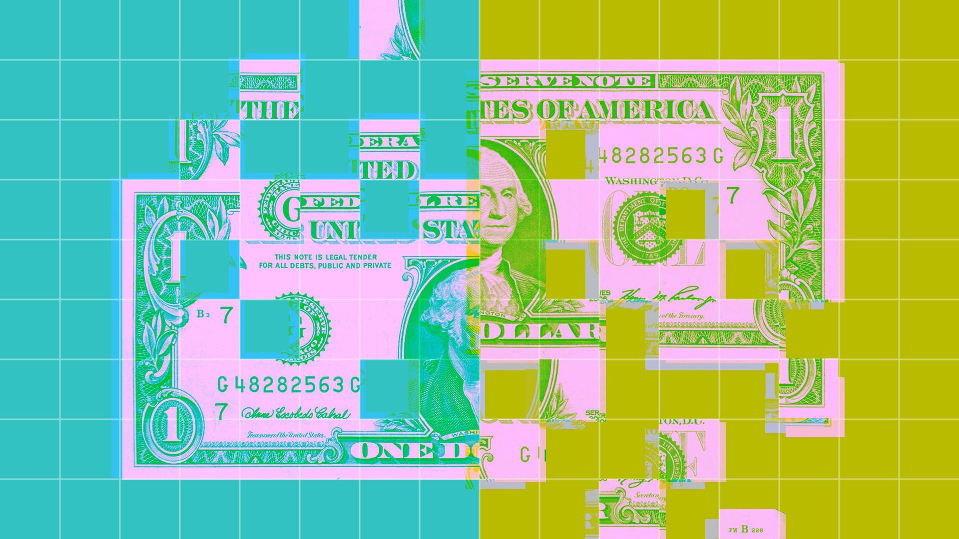 Illustration of a distorted dollar on a grid 
