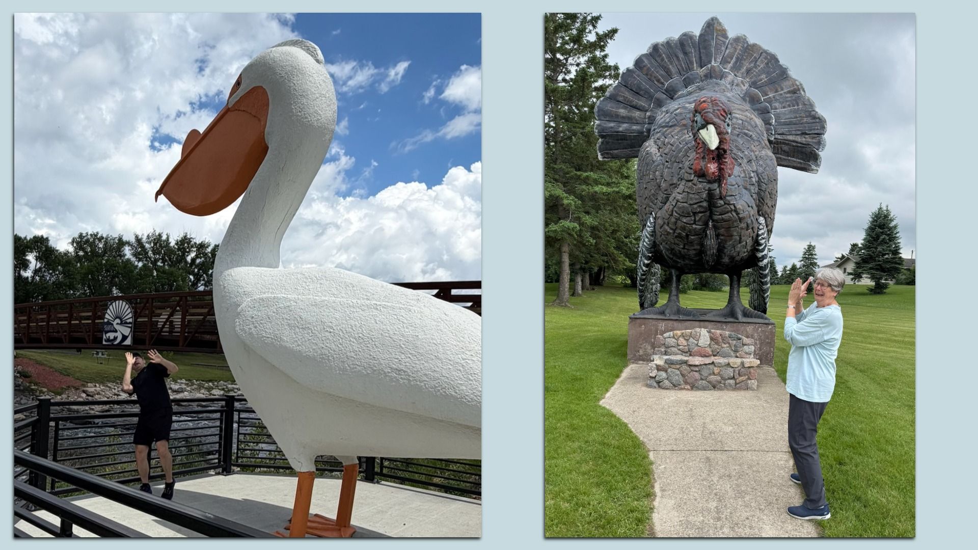 Two-panel image of giant bird statues: left a white swan with orange beak and a person for scale under a cloudy blue sky; right a large turkey statue with a fanned tail beside a smiling woman.