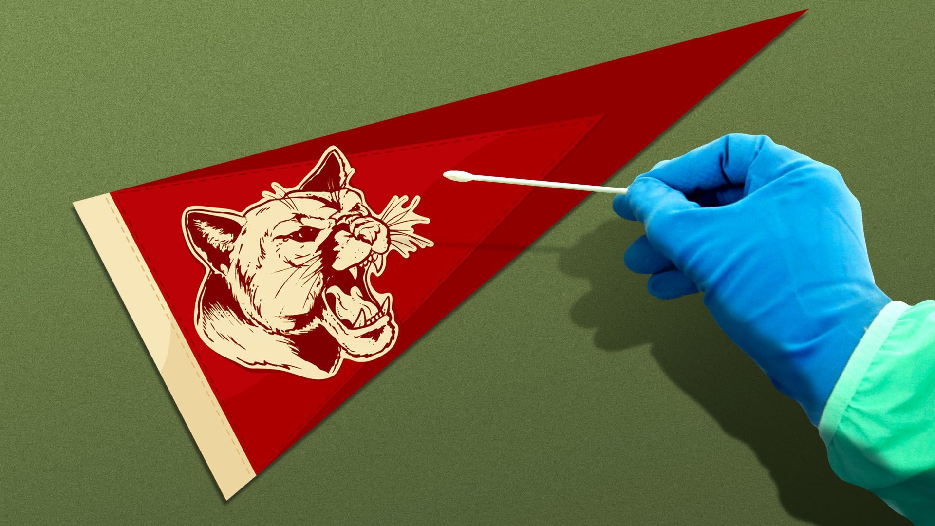 Illustration of a doctor about to do a nasal swab of a school pennant with a cougar on it