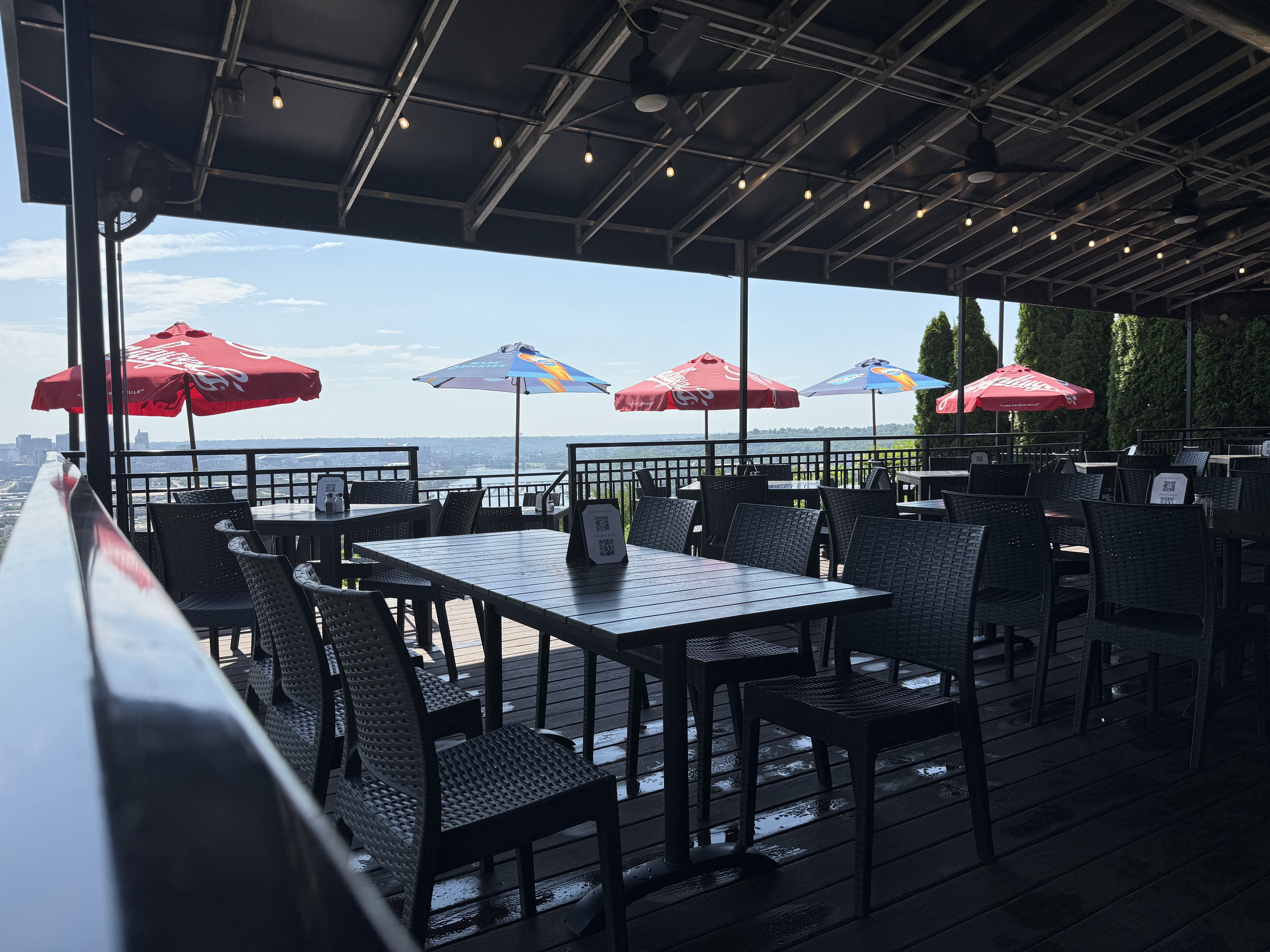 Outdoor rooftop dining area under a dark metal roof with string lights. Many black wicker tables and chairs; red Coca-Cola umbrellas and blue umbrellas, railing, and distant cityscape.