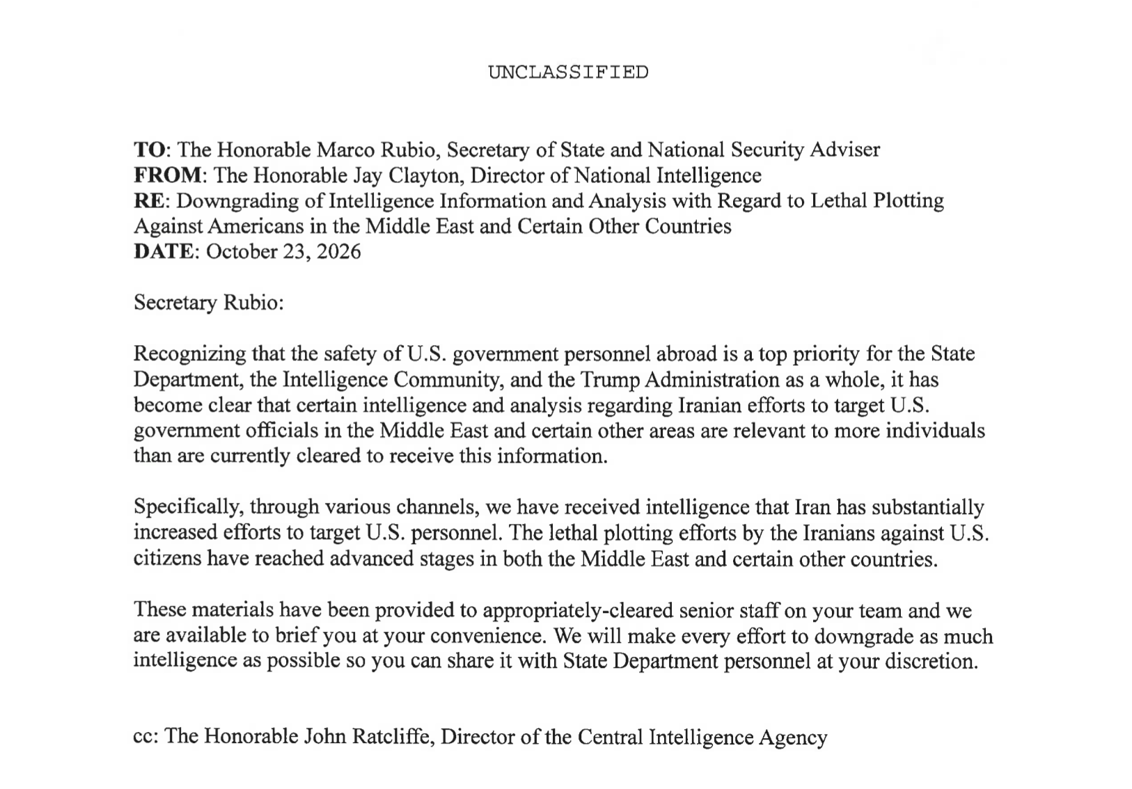 A scanned, unclassified memo page showing TO, FROM, RE, and DATE lines about Iranian efforts to target U.S. government personnel, dated October 23, 2026.
