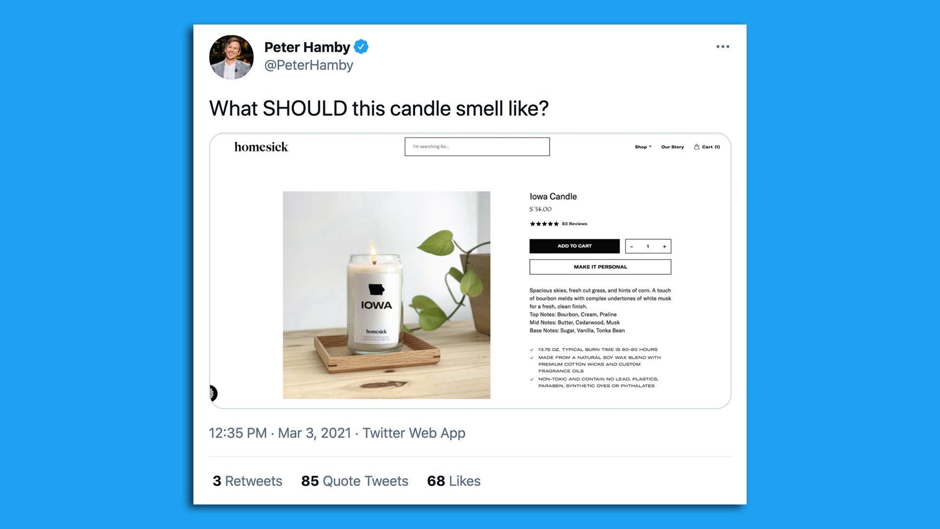 A screenshot of a tweet asking what an Iowa candle should smell like.