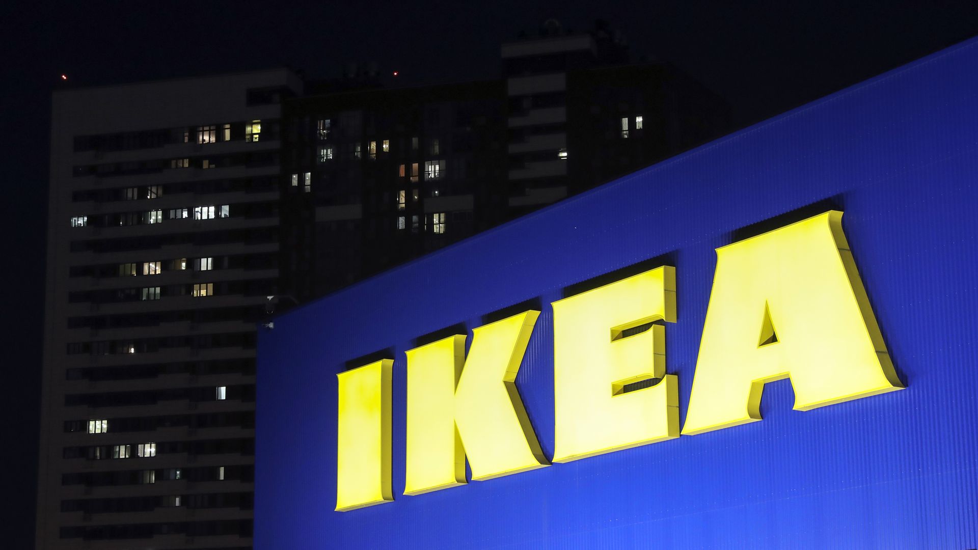 A lit sign outside IKEA Khimki, a branch of IKEA in the town of Khimki, Moscow Region. 