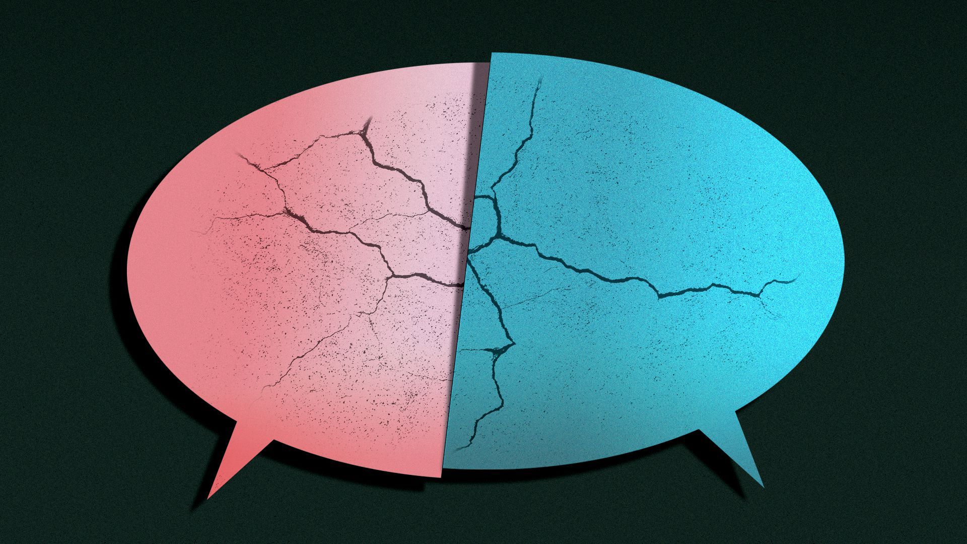 Illustration of red and blue speech bubbles cut in half, colliding and cracking
