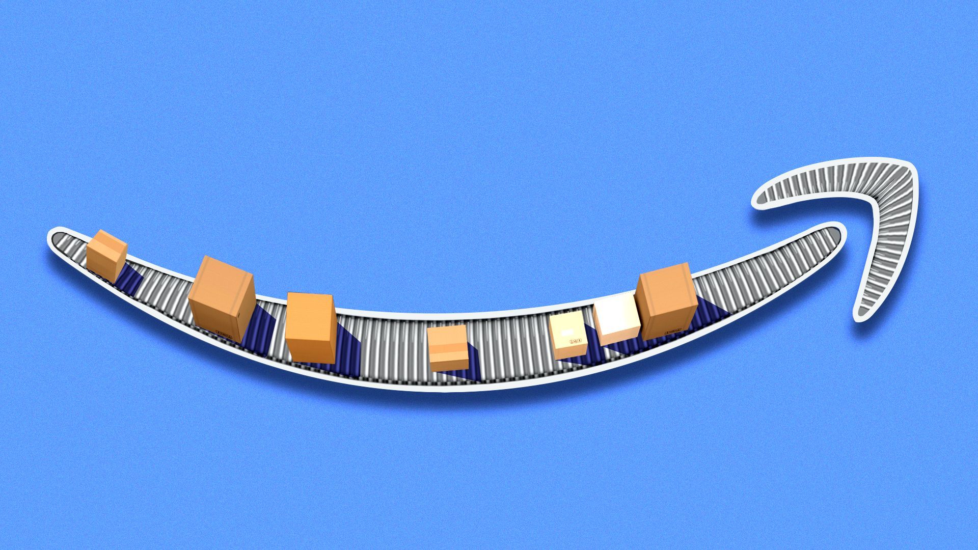 Illustration of an Amazon-shaped conveyor belt carrying boxes
