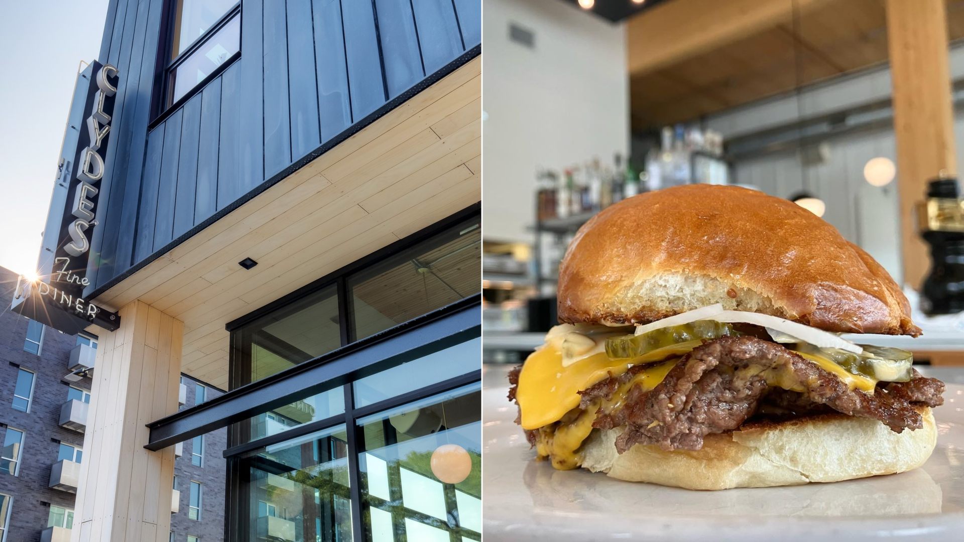 Clyde's Fine Diner the front (left) and a burger inside (right)