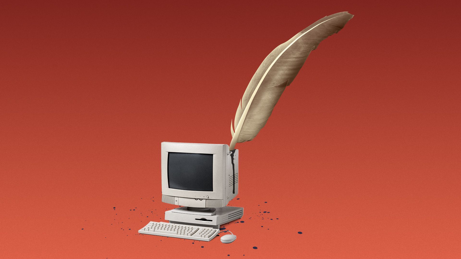 Illustration of a quill resting in a computer as if it were an ink well. 