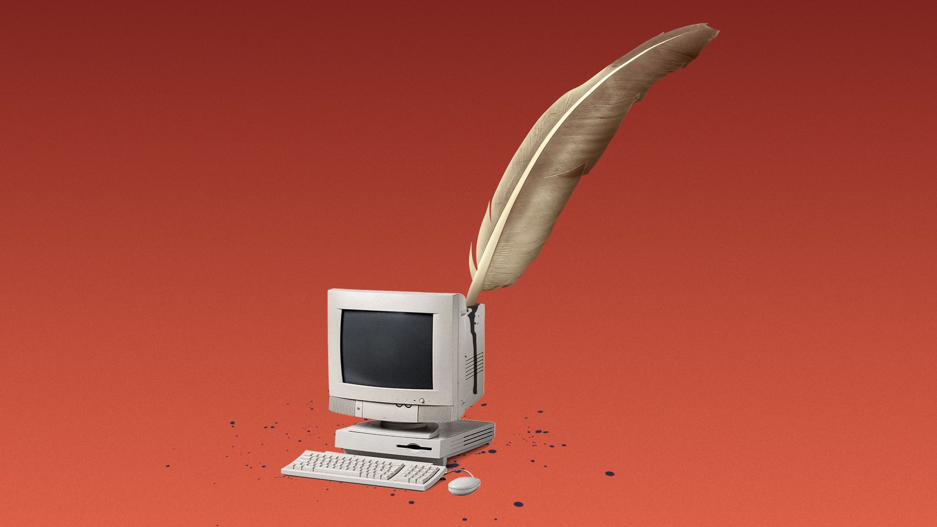 Illustration of a quill resting in a computer as if it were an ink well.