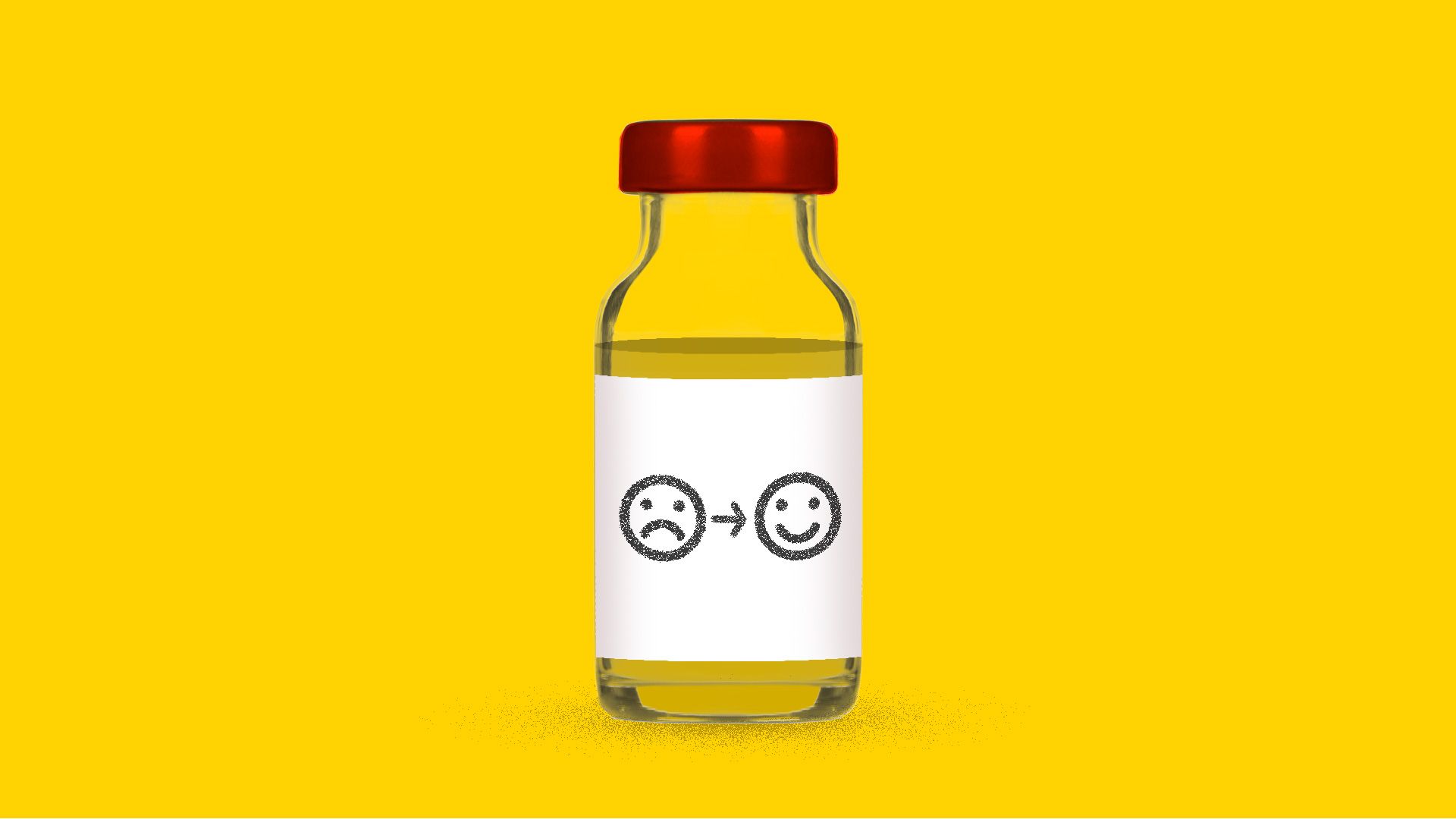 Illustration of bottle of antidepressant drug Ketamine with a sad face turning into a happy face