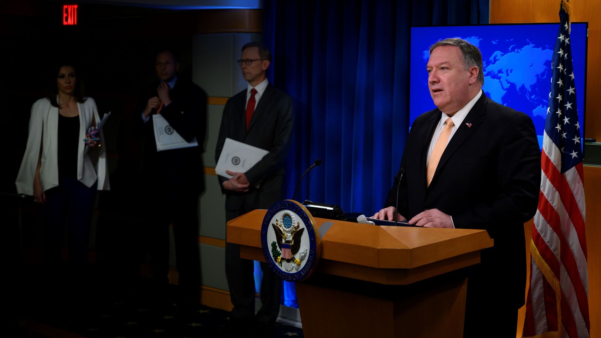 Mike Pompeo at a lectern during State Department press conference