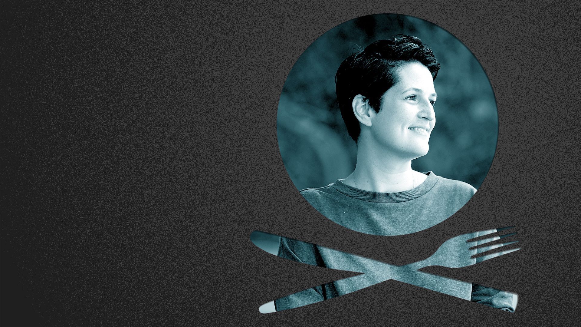 Photo illustration of a place setting shaped like a skull and crossbones containing a photo of Bonnie Morales.