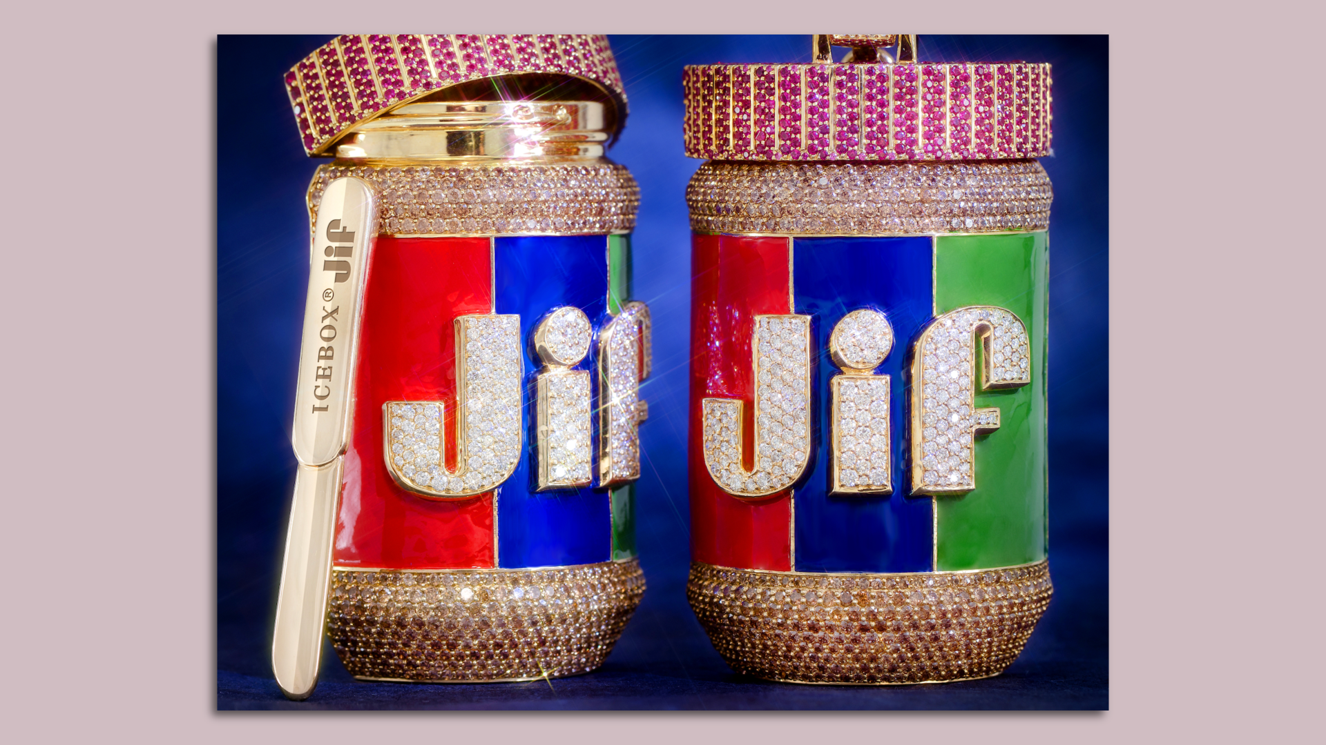 A photo of a diamond-covered pendant of Jif peanut butter jars with a gold butter knife