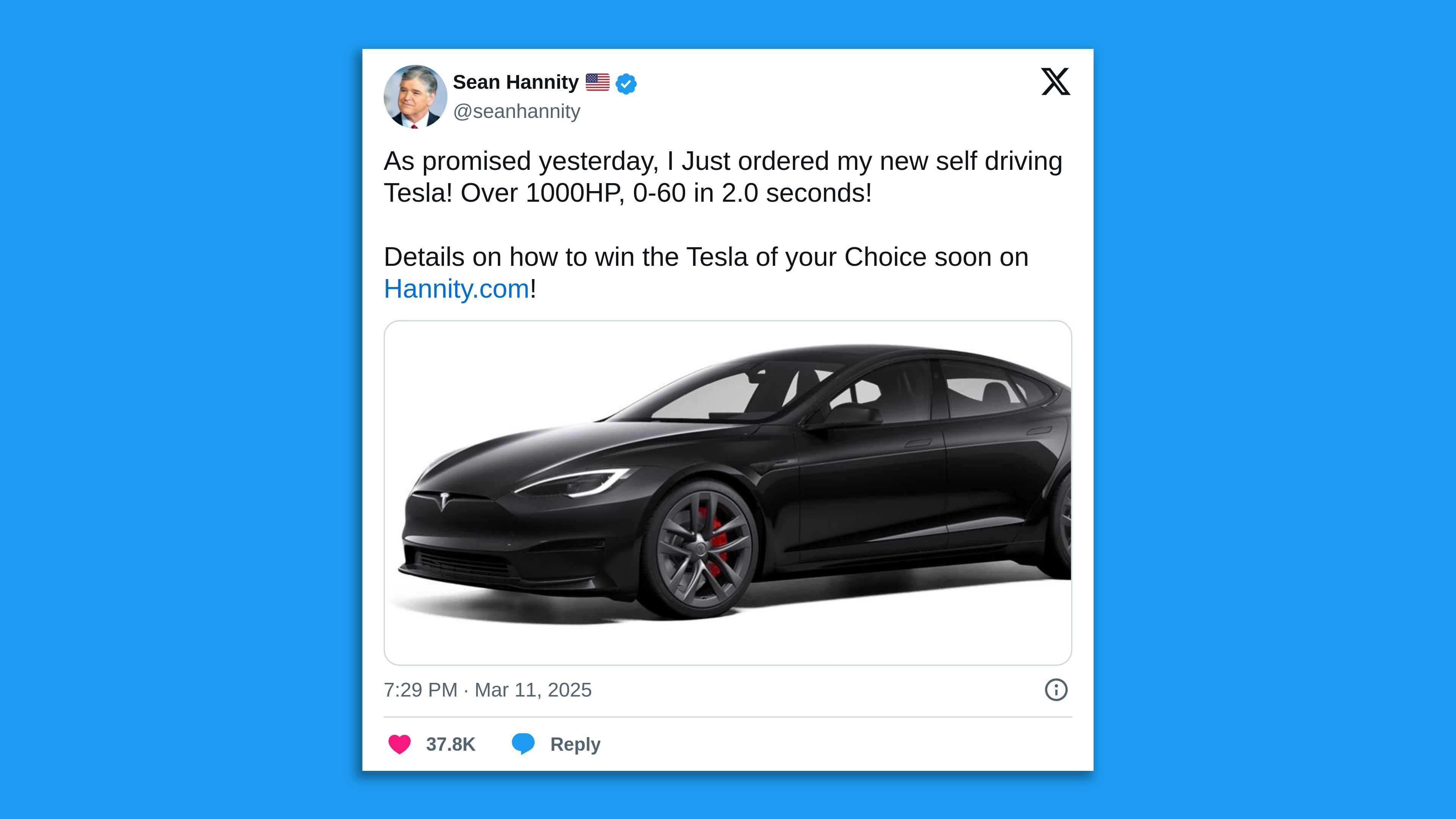 A Sean Hannity tweet promoting Tesla. 