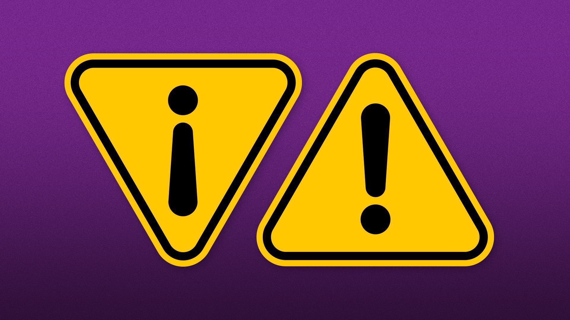 An illustration of two caution signs, each with an exclamation point. One is upside down.