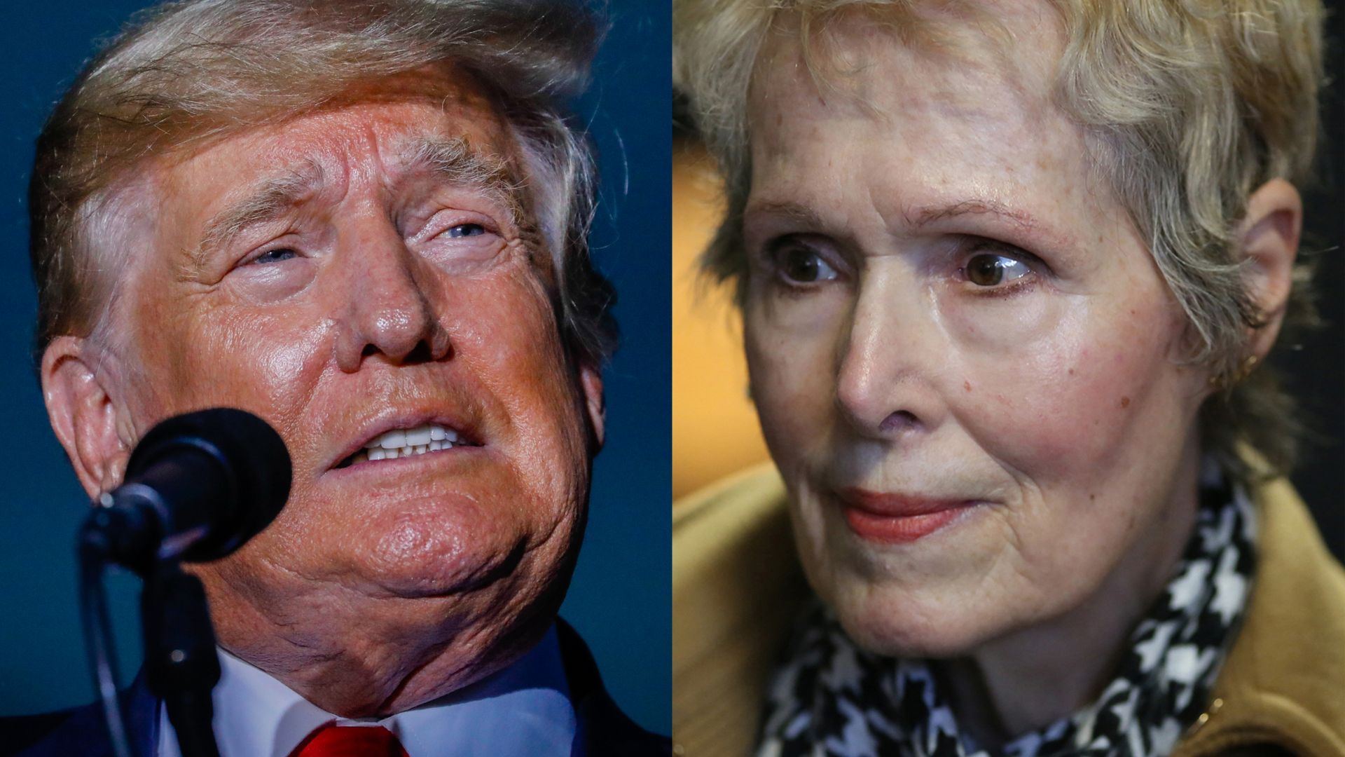 Photo of Donald Trump speaking on the left and E. Jean Carroll looking intently on the right