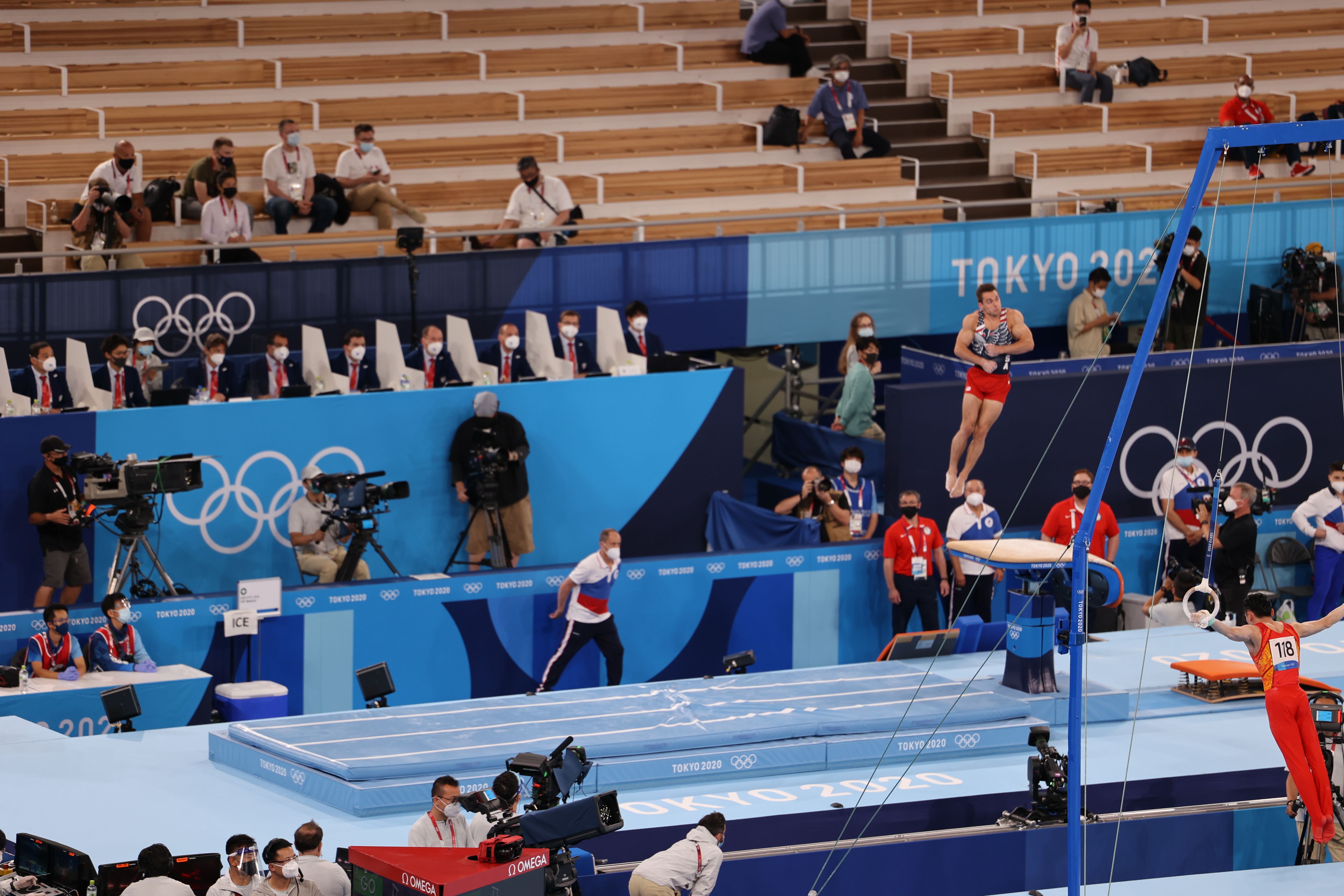 U.S. men's gymnastic team performs on the vault in the team final. 
