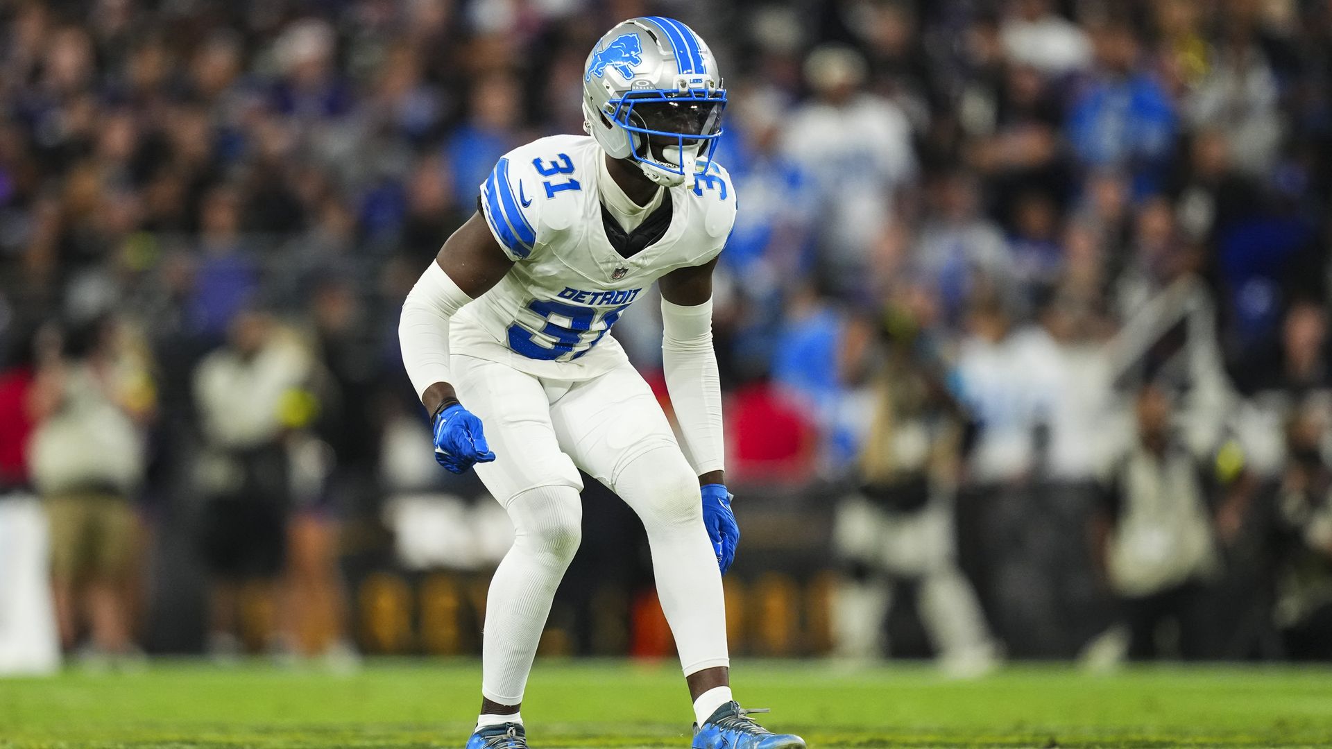Kerby Joseph in coverage against the Ravens in 2025. 