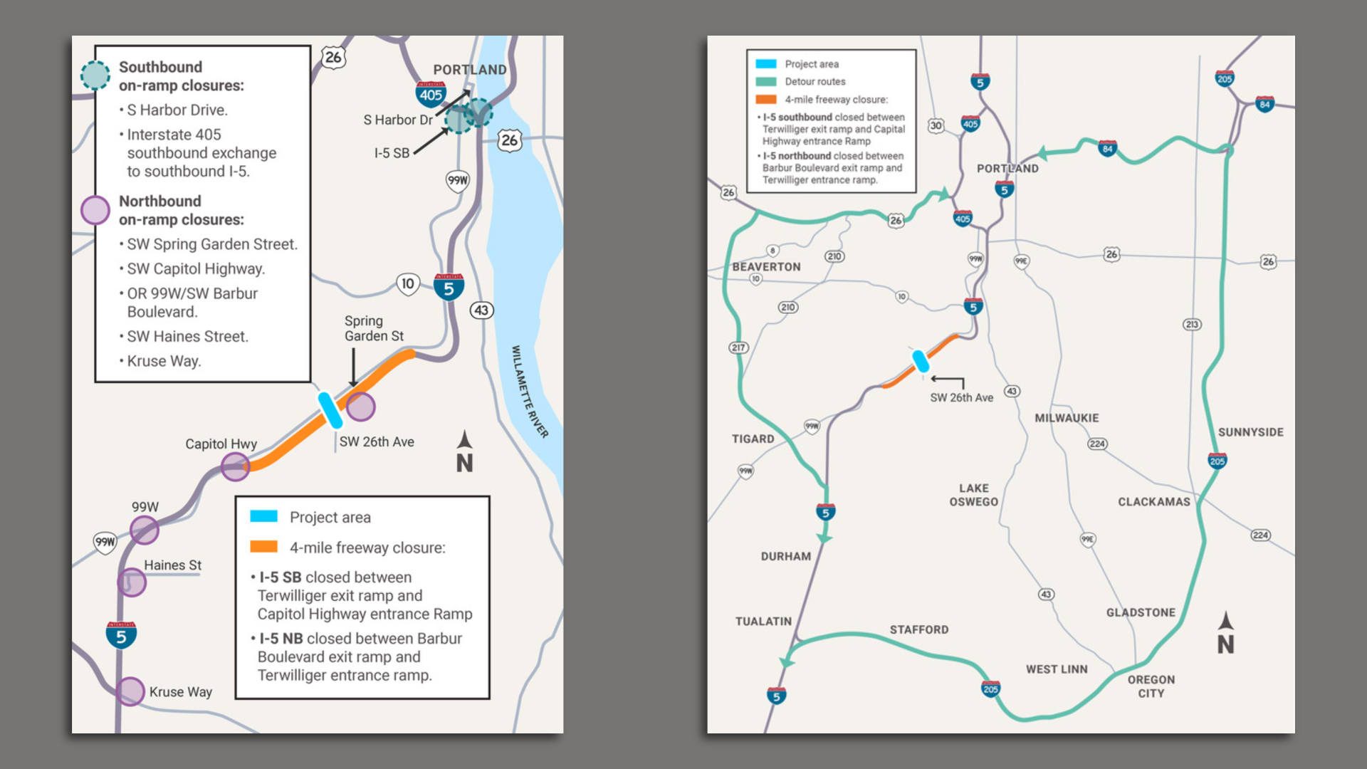 Two infographics pictured side by side showing highway closures in Southwest Portland Oregon for the weekend of June 28 through July 1.