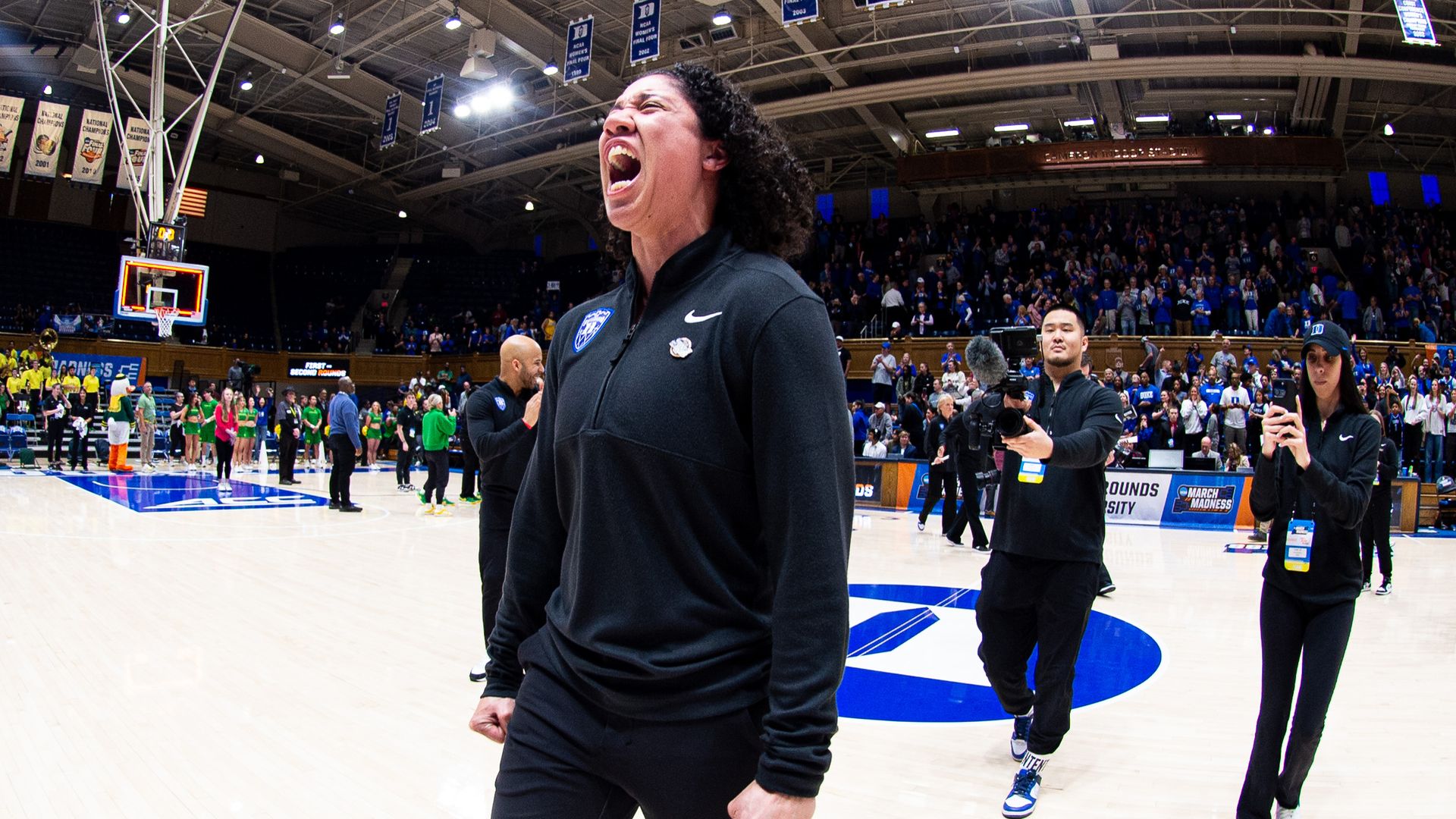 DURHAM, NORTH CAROLINA - MARCH 23: Head coach Kara Lawson of the Duke Blue Devils reacts post-game agains the Oregon Ducks during the Second Round of the 2025 NCAA Women's Basketball Tournament held at Cameron Indoor Stadium on March 23, 2025 in Durham, North Carolina. (Photo by Jerome Ibrahim/NCAA 