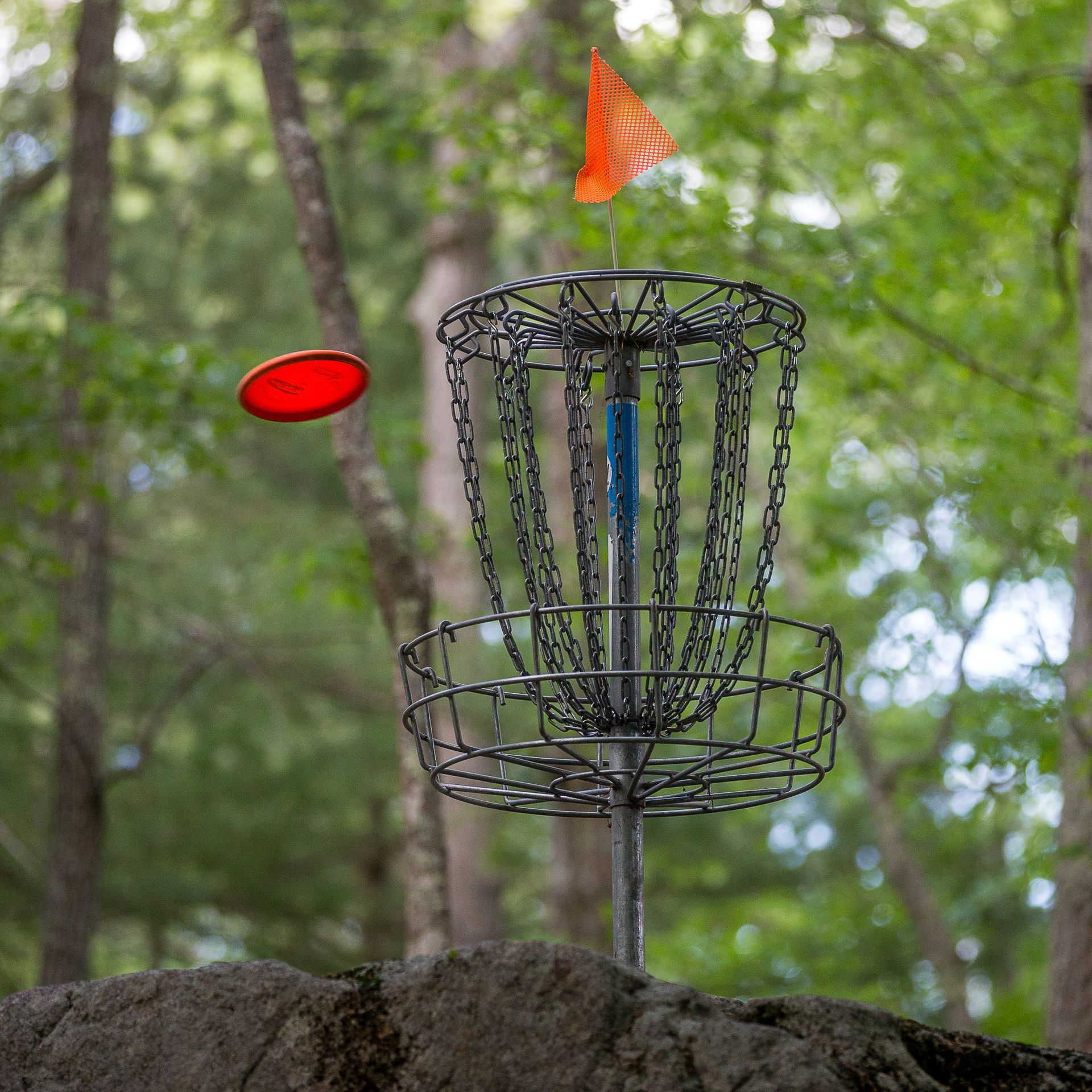 A red disc flies into a disc golf basket