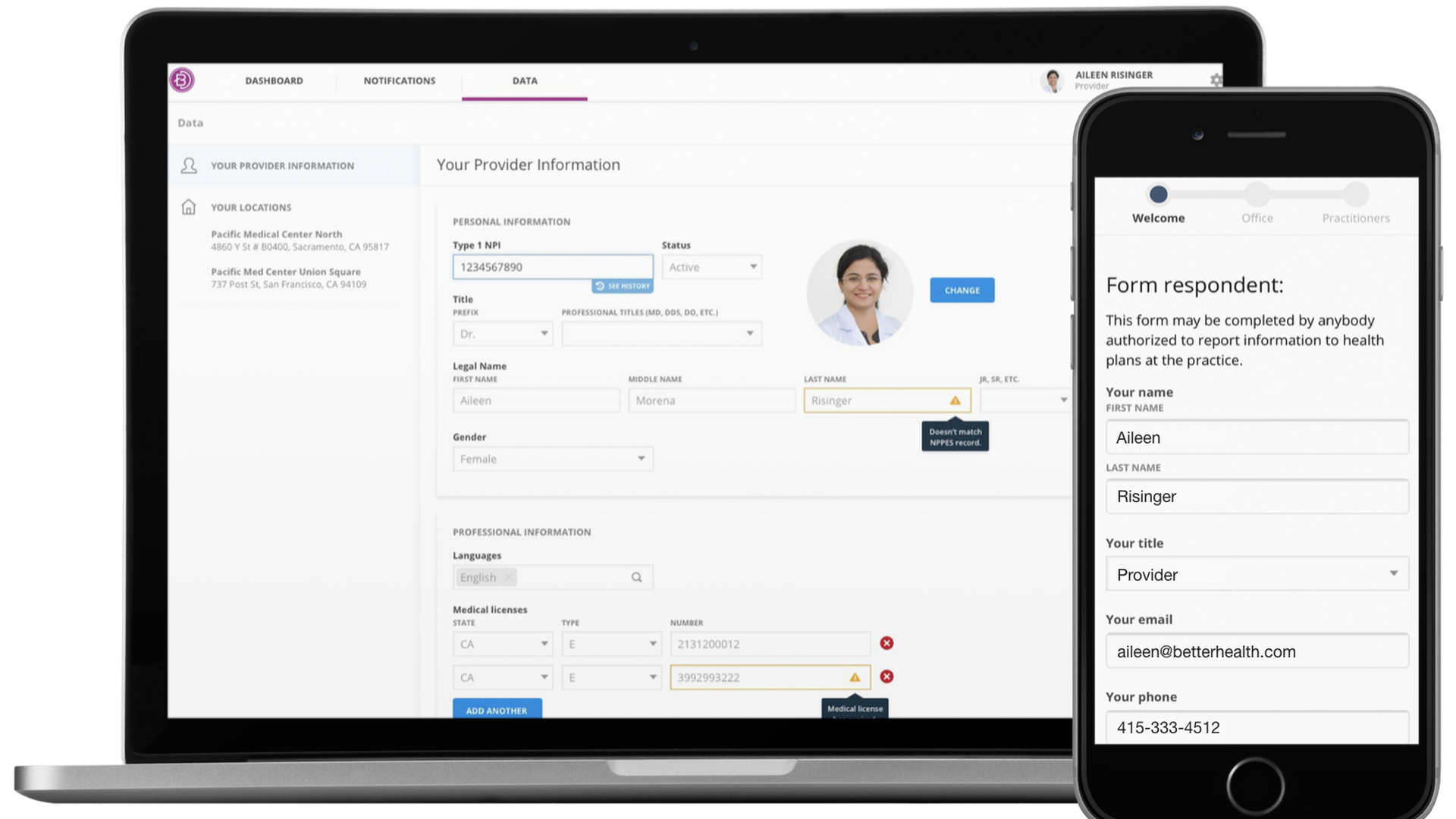 A laptop screen and a phone screen showing BetterDoctor's software