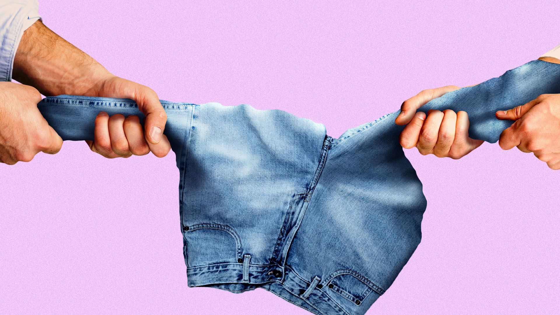 Illustration of two hands on each side pulling a pair of blue jeans in opposite directions against a pink background.