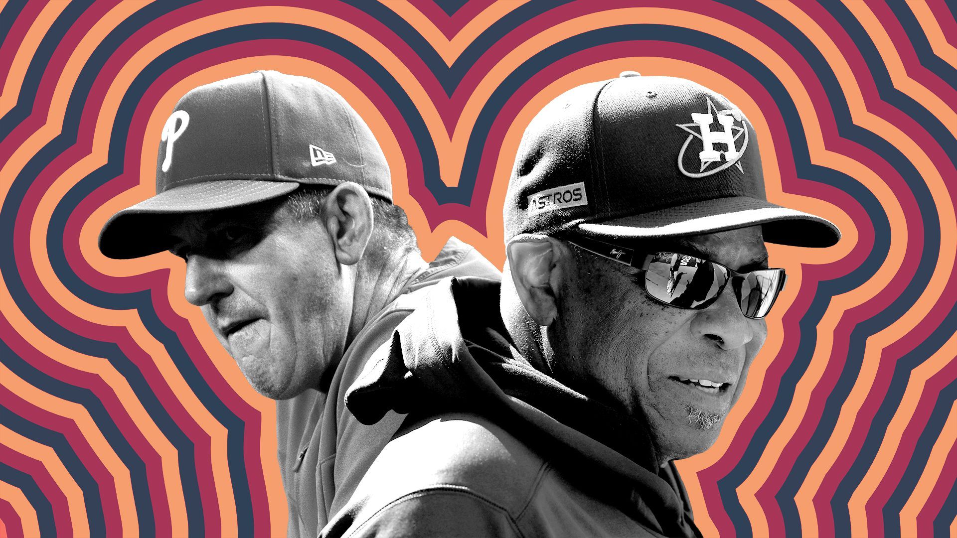 Photo illustration of Rob Thomsen and Dusty Baker with red, orange and blue lines radiating from them.