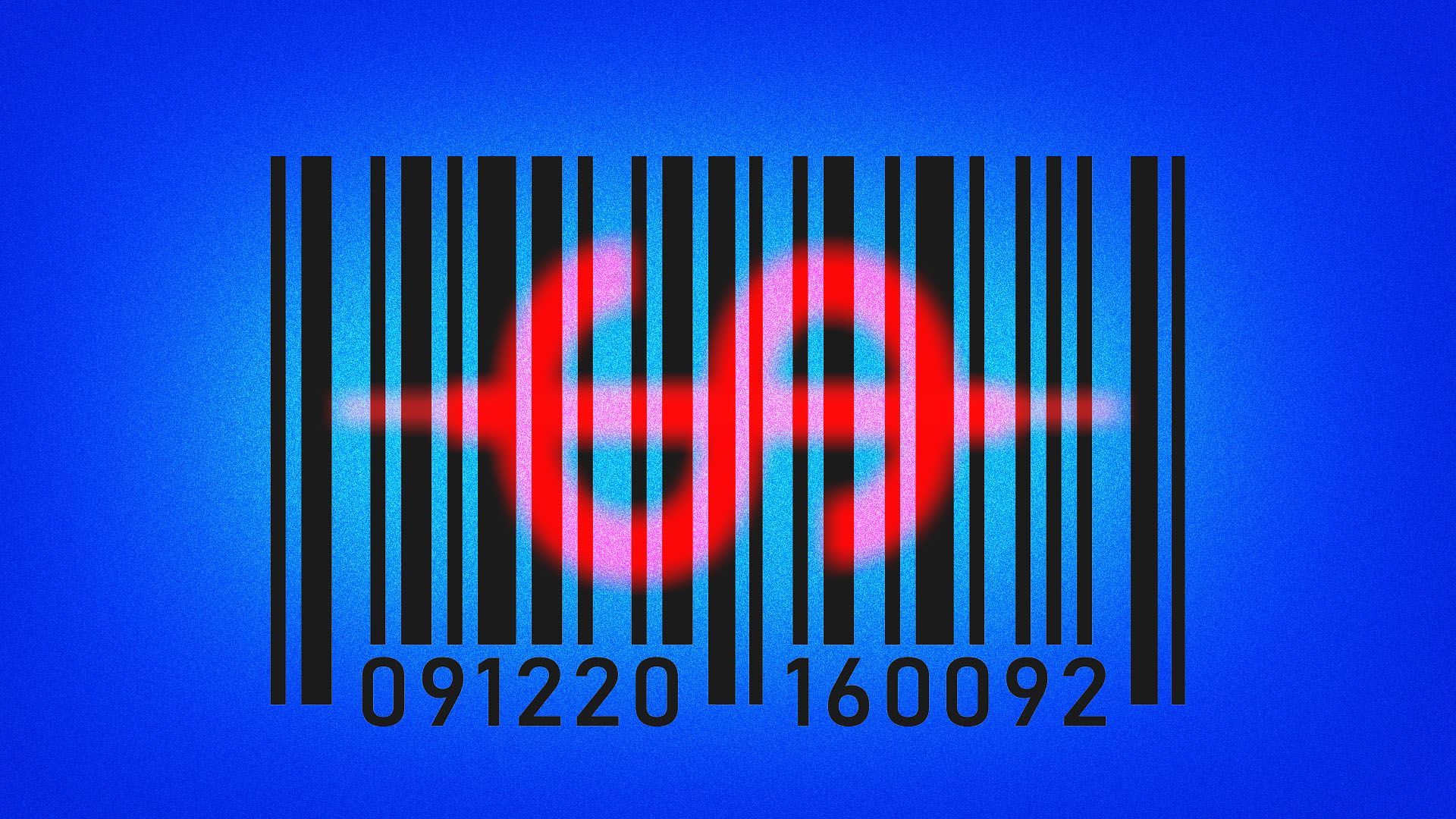 Illustration of a barcode with a dollar sign shaped laser on it