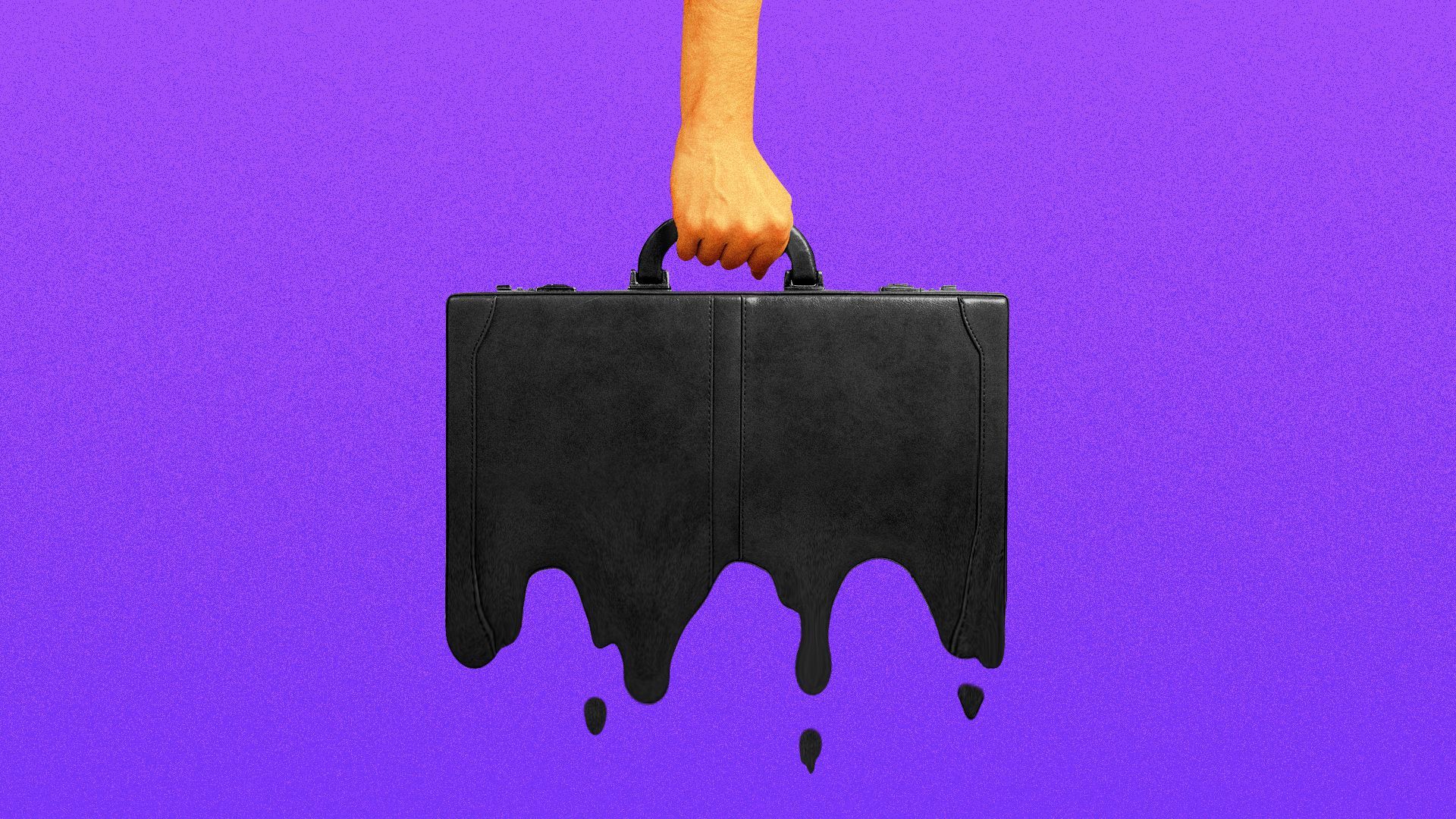 Illustration of a hand holding a melting briefcase. 