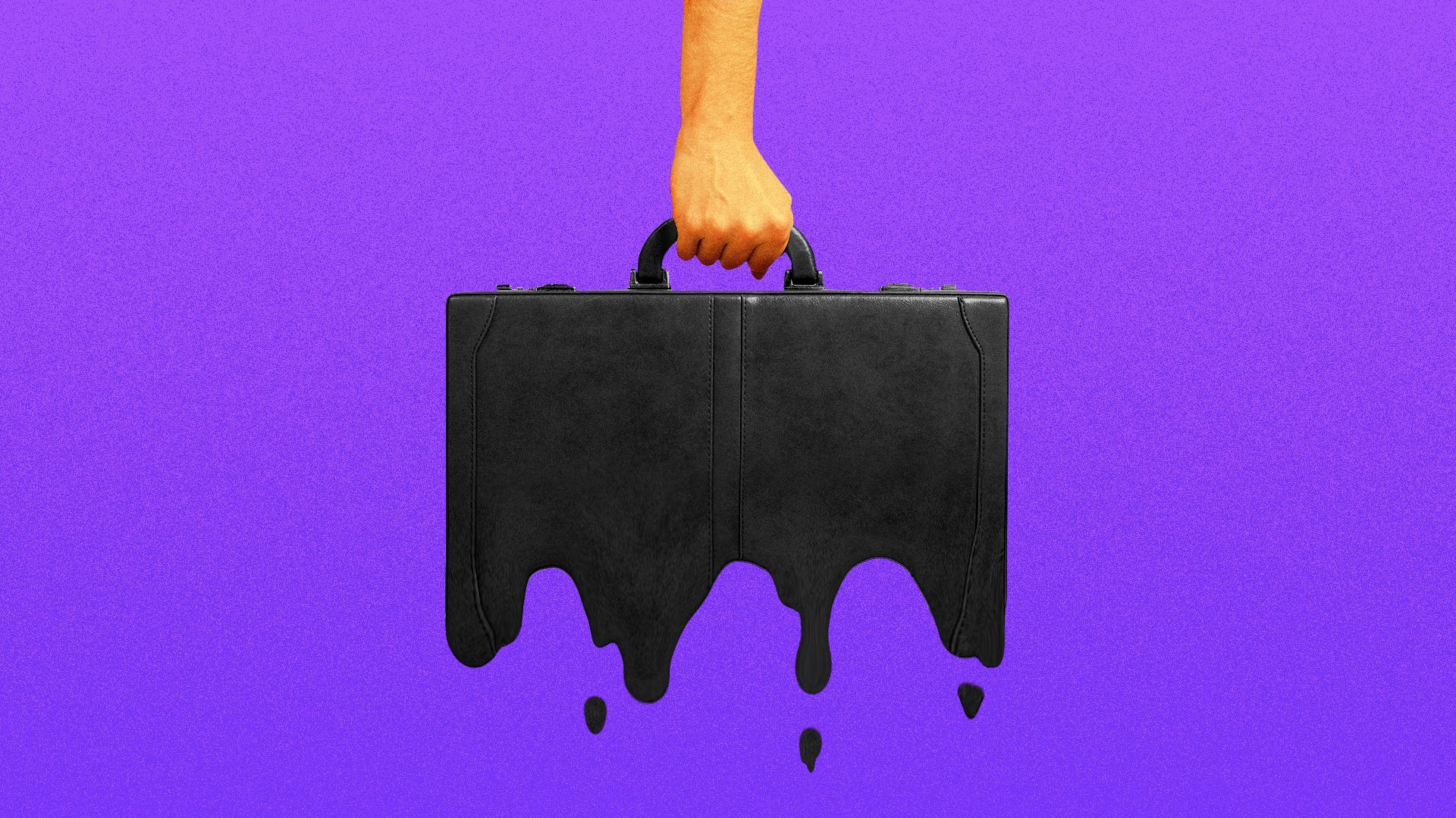 Illustration of a hand holding a melting briefcase.