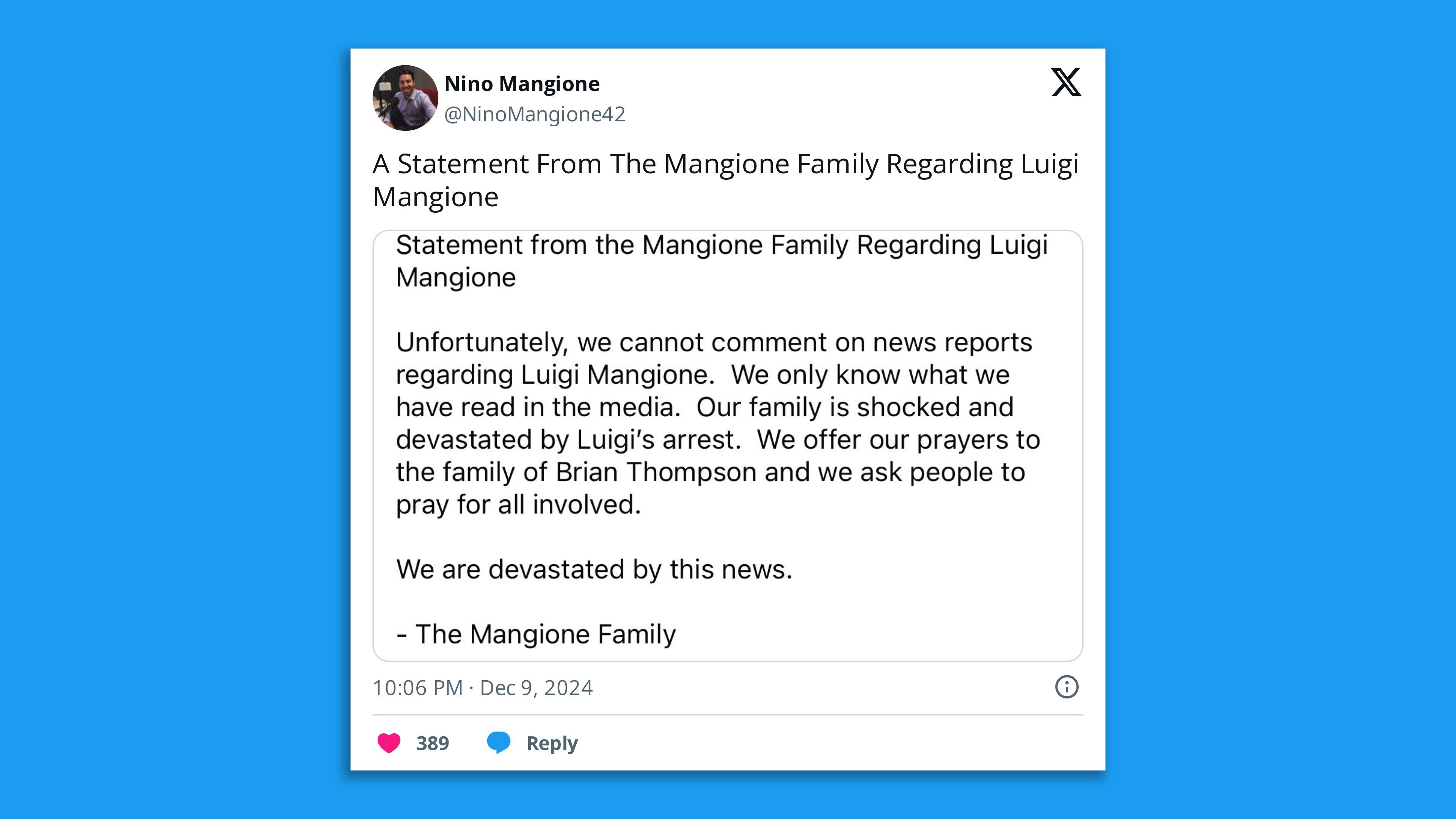A statement posted by Maryland state Rep. Nino Mangione, a cousin of Luigi Mangione.