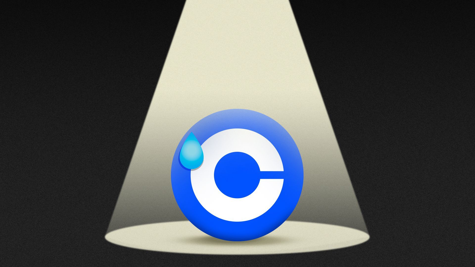 Illustration of a Coinbase logo sweating in the spotlight. 