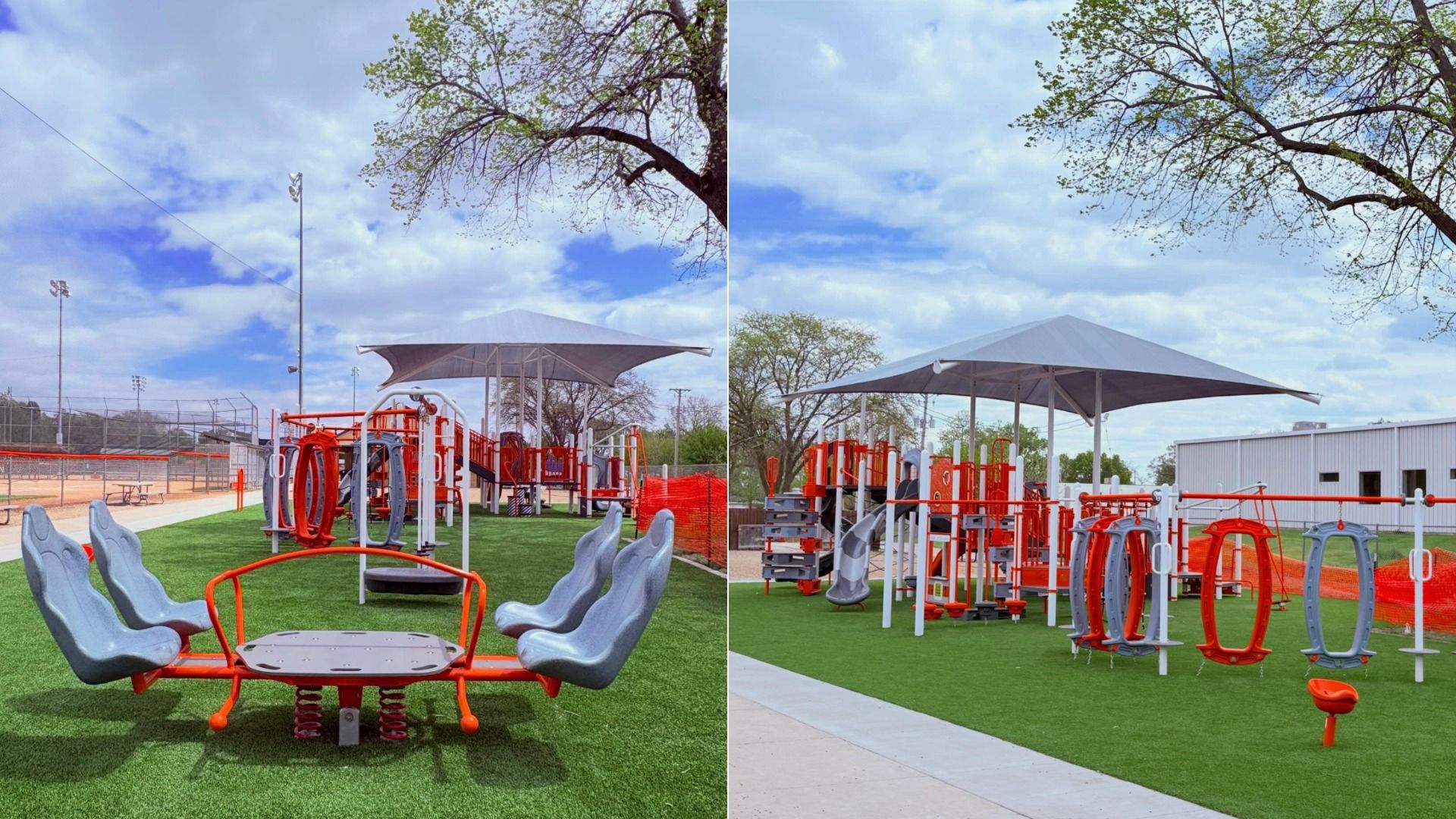 Split image of a modern outdoor playground: red and gray play structures on bright green artificial turf, shaded by a large canopy; blue sky with clouds and a tree branch overhead.