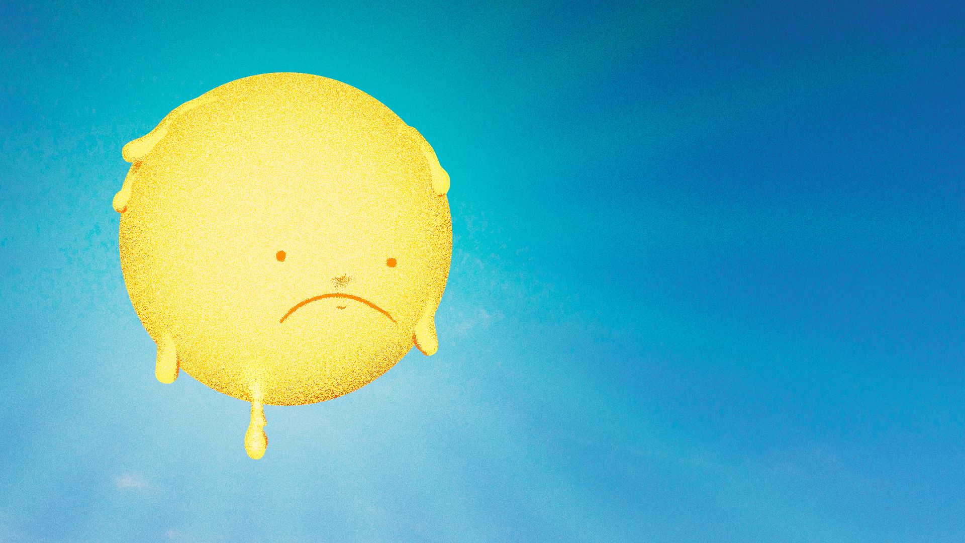 Illustration of a sad faced sun sweating profusely in a very bright sky.