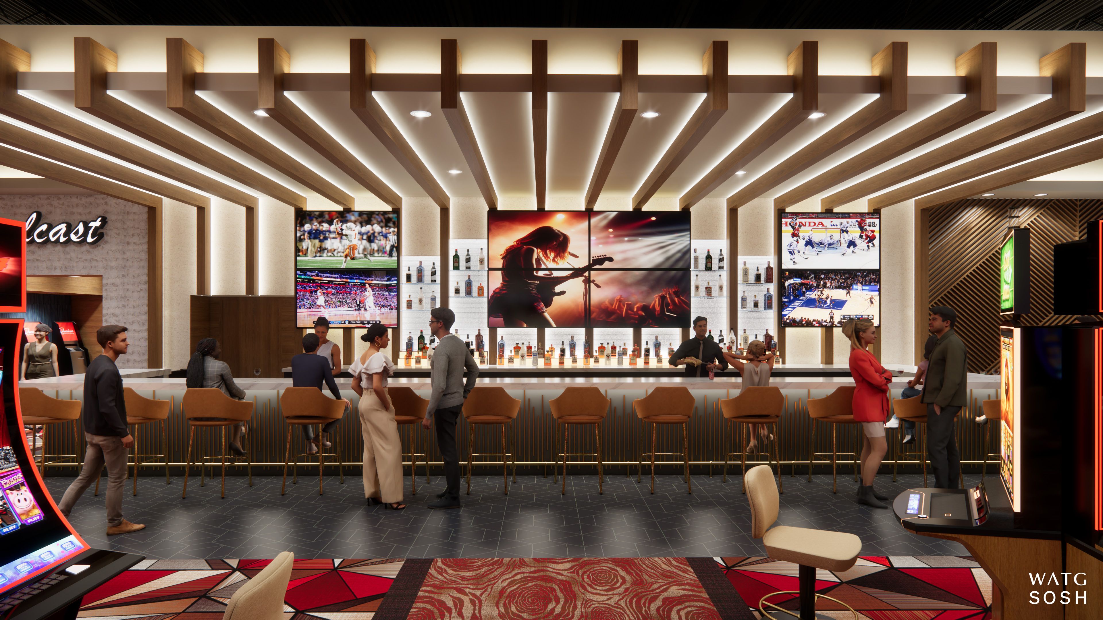 A rendering of people ordering at the bar at the Roseshire Gaming Parlor.