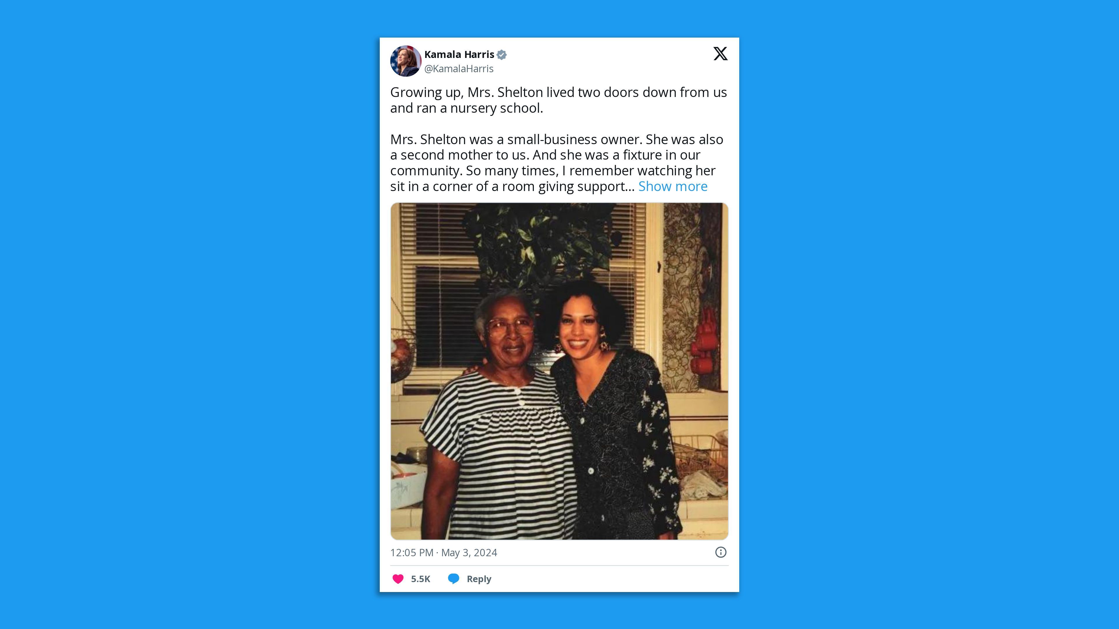 A tweet from Kamala Harris is inset on a blue background. The tweet includes a tribute to Regina Shelton and an archived photo of Harris with her.