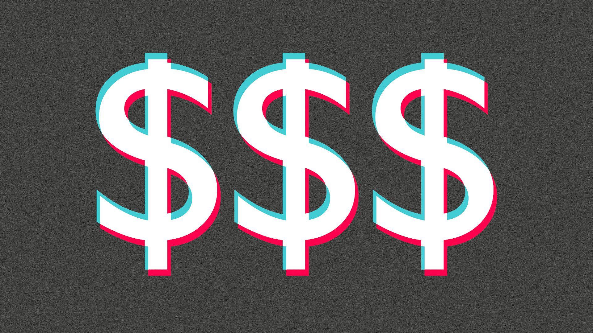 Illustration of three dollar signs rendered similarly to the TikTok logo.