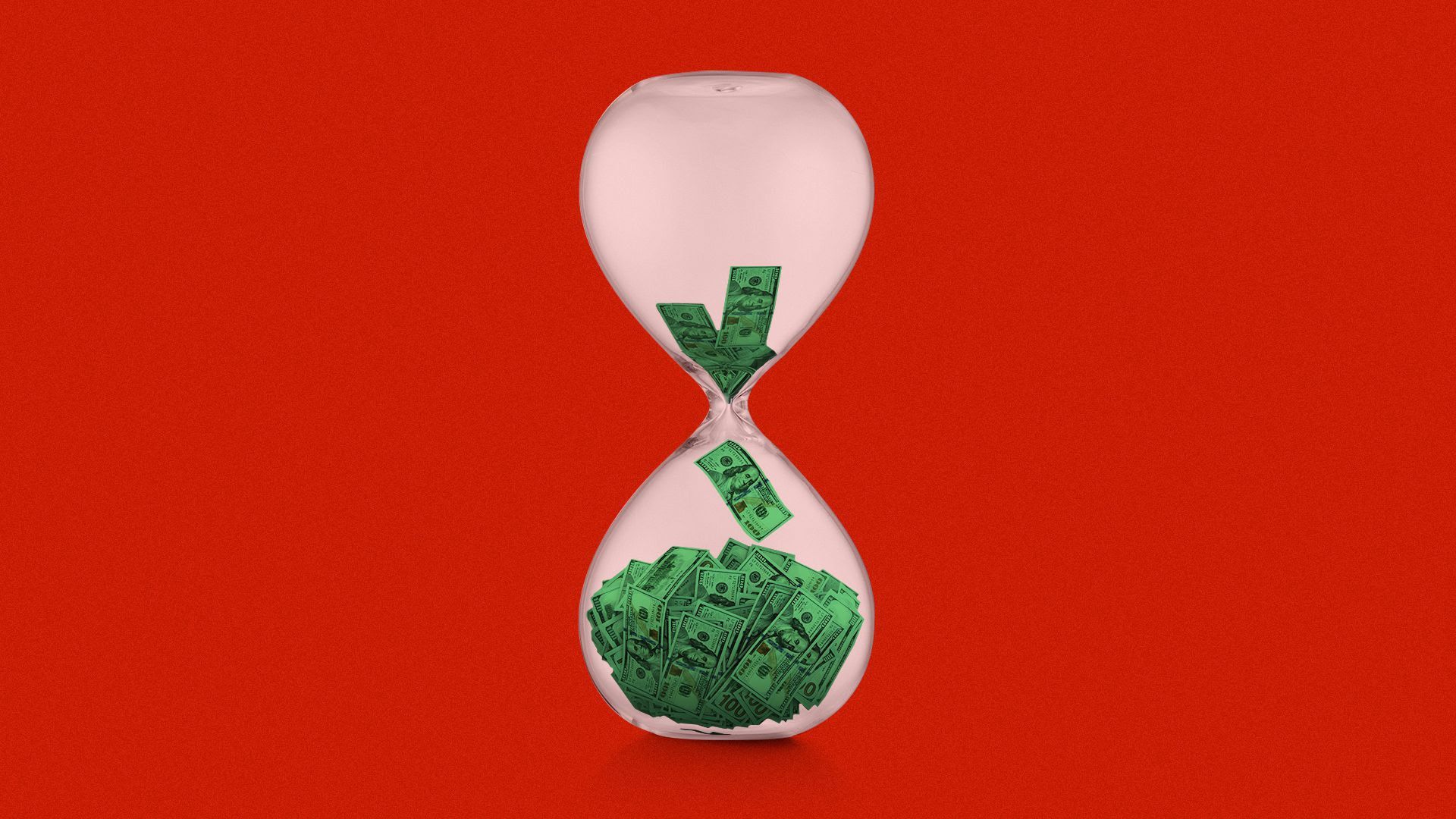 An illustration of an hourglass with money instead of sand.