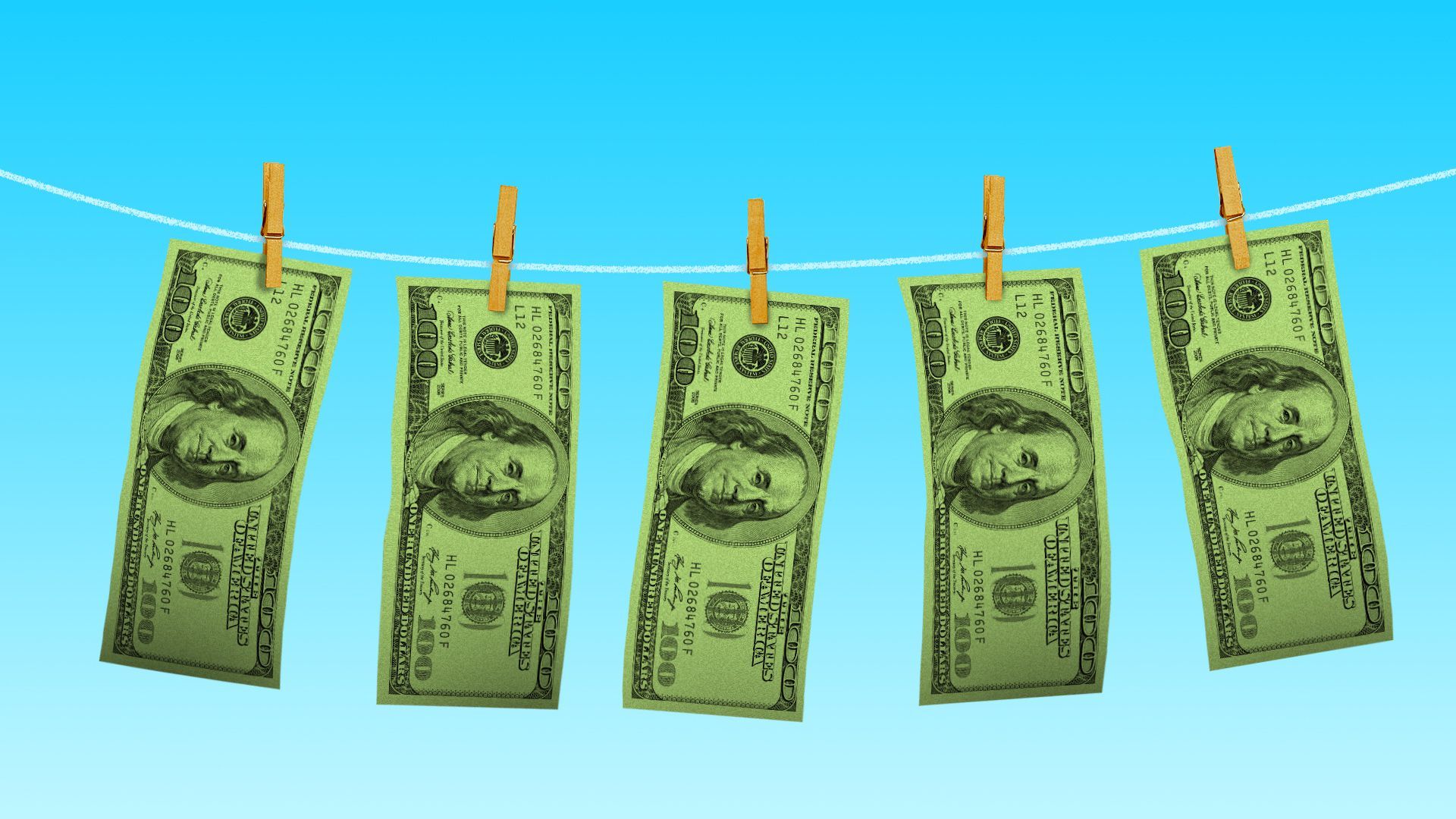 Illustration of money hanging from a clothesline. 