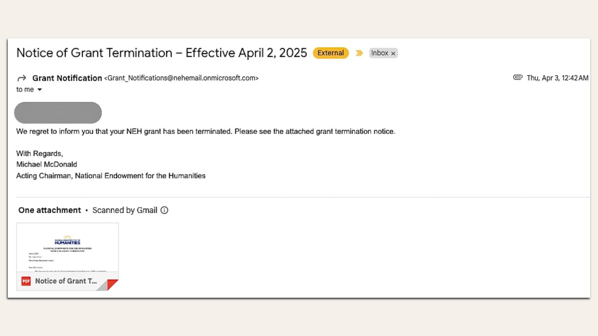 An email sent about PA Humanities grant funding termination. 