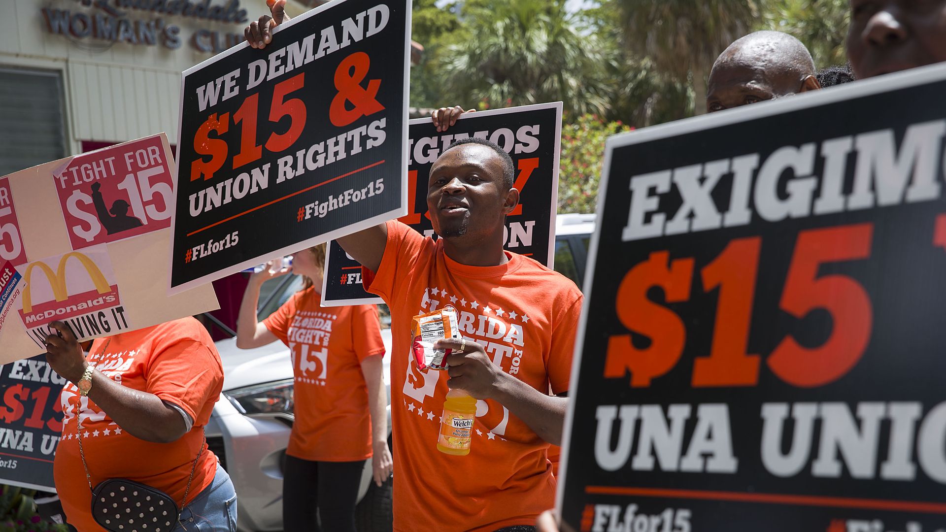 People gather together to ask the McDonald’s corporation to raise workers wages to a $15 minimum wage as well as demanding the right to a union on May 23, 2019