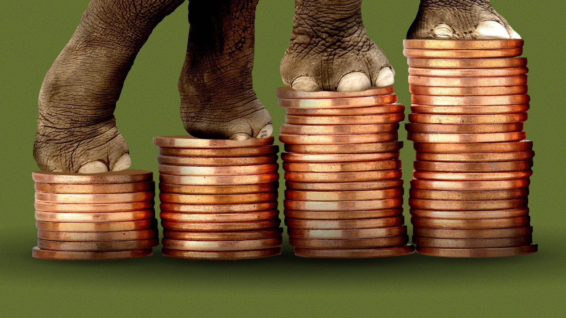 An illustration shows an elephant climbing increasingly high stacks of pennies.