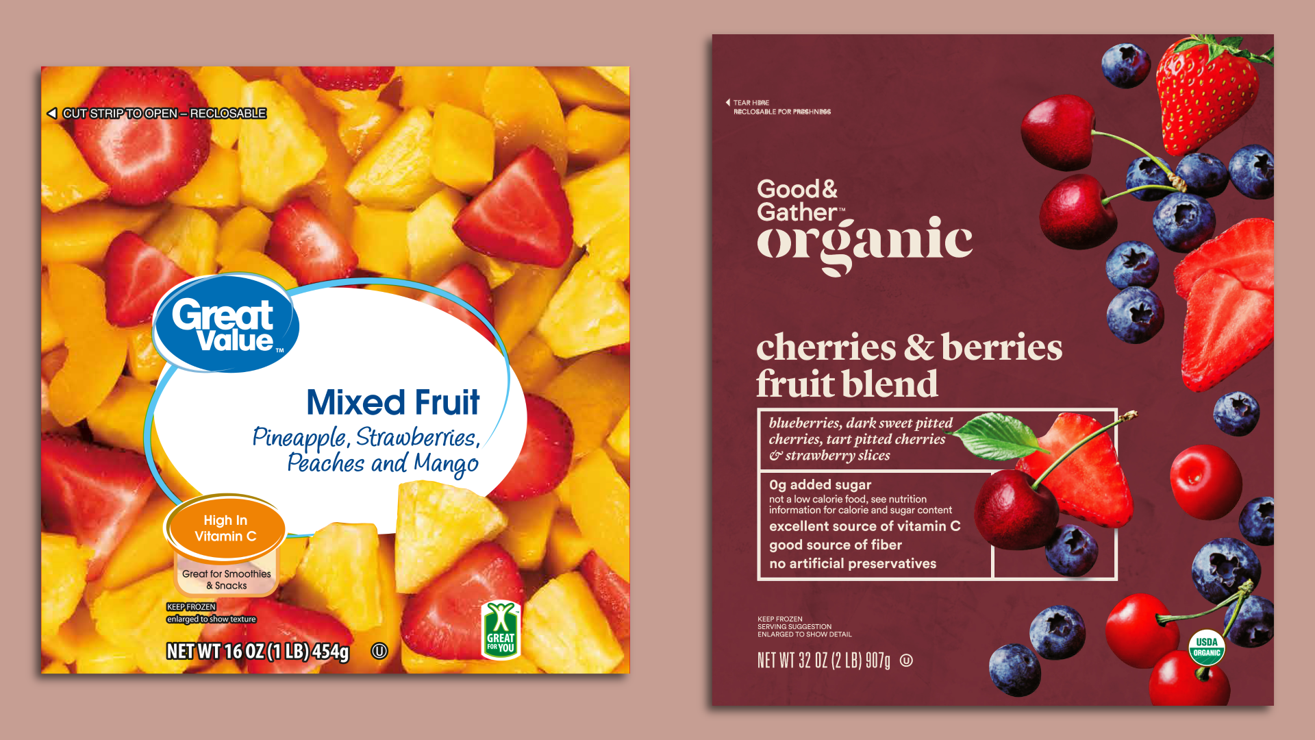 Image of a Great Value  bag of Mixed fruit next to a Good&Gather organic cherries & berries fruit blend on a light red background
