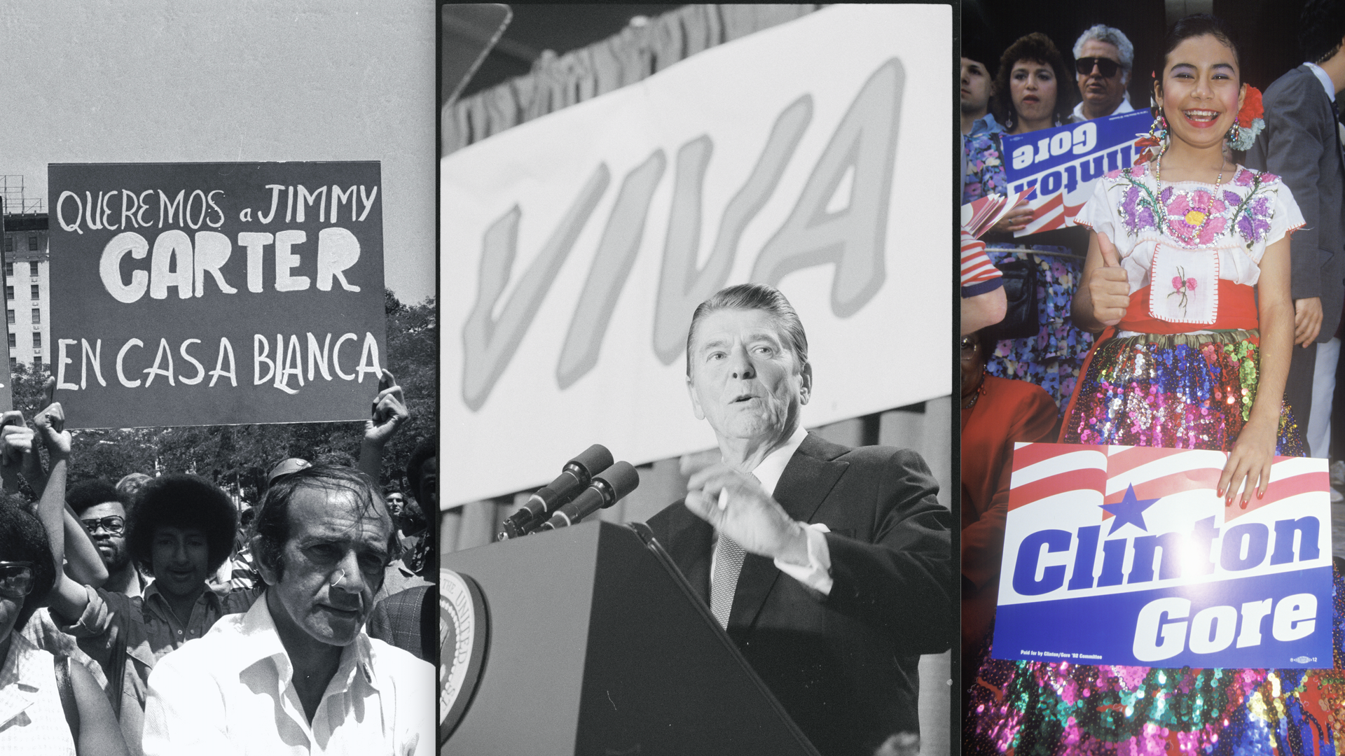 Images of Latinos carrying a sign supporting Jimmy Carter, Ronald Reagan speaking in front of a sign that says "Viva," and a Latina with a Clinton-Gore sign.